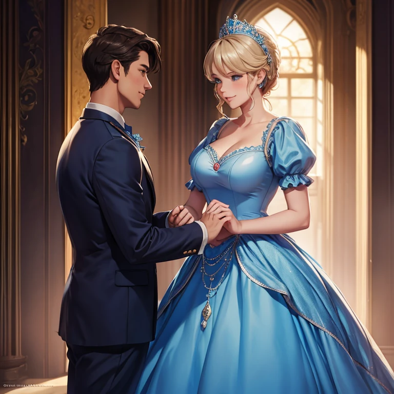 Embarrassed Cinderella in a dress talking to a handsome man, the man looks at her lovingly