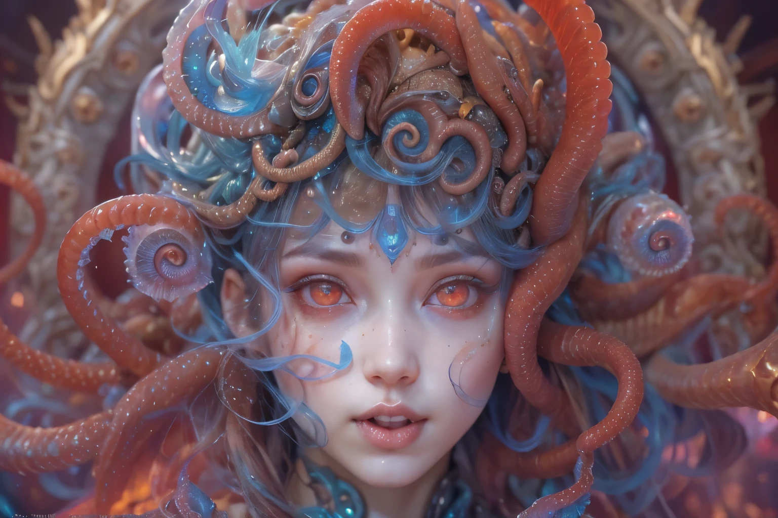Portrait, (beautiful female alien:1.2), (There is a female genital-like organ in the middle of the forehead.:1.8), (The most beautiful face in the history of the universe:1.2), (Glowing scarlet eyes:1.6), (Translucent pale skin:1.8), an evil gaze that seduces , (red eyes:1.5), Full body like, (Sexypose:1.5), alien, No humans, cells are fused, (Lots of translucent Blue tentacles:1.1), extraterrestrial, cell, bio image, (zenTangle, mandalas, Tangle, enTangle:0.98),(Fractal Art:0.9)(fluttered detailed color splashes:1.1),(marbling:1.1), (Vulgarity:1.15), (Sexy:1.4), sweet breath, a sultry, ((Ecstasy:1.6)), Best Quality, 8K,4K_quality, High Definition, Dramatic Lighting, masutepiece:1.5,cinematic quality, detail up, (Intricate details:1.2), High resolution, High Definition, drawing faithfully, (Thick eyebrows:1.2), Beautiful eyes with fine symmetry, (Highly detailed face and eyes:1.2), (High-resolution red-eye:1.4), Intimate face, (Super detailed skin quality feeling:1.4), Perfect Anatomy, (Beautiful toned body:1.5), (Moist skin:1.2), No makeup, (dark circles:1.1), long canines, cinematic drawing of characters, ultra high quality model, cinematic quality, detail up, (Intricate details:1.2), High resolution, High Definition, drawing faithfully, Official art, Unity 8K wall , 8K Portrait, Best Quality, Very High resolution, ultra detailed artistic photography, midnight aura, unreal enginee 5, Ultra Sharp Focus, art by alberto seveso, ArtGerm, Roisch, intricate artwork, Medusa, best quality, masutepiece, ultra High resolution, (photos realistic:1.4), Ultra-realistic realism, dream-like, nautilus, Creation of fantasy, Snail, Dream Snail, (biopunk nautilus:1.4), Thrilling color schemes, Ultra-realistic realism, seductively smiling, Blue tentacles