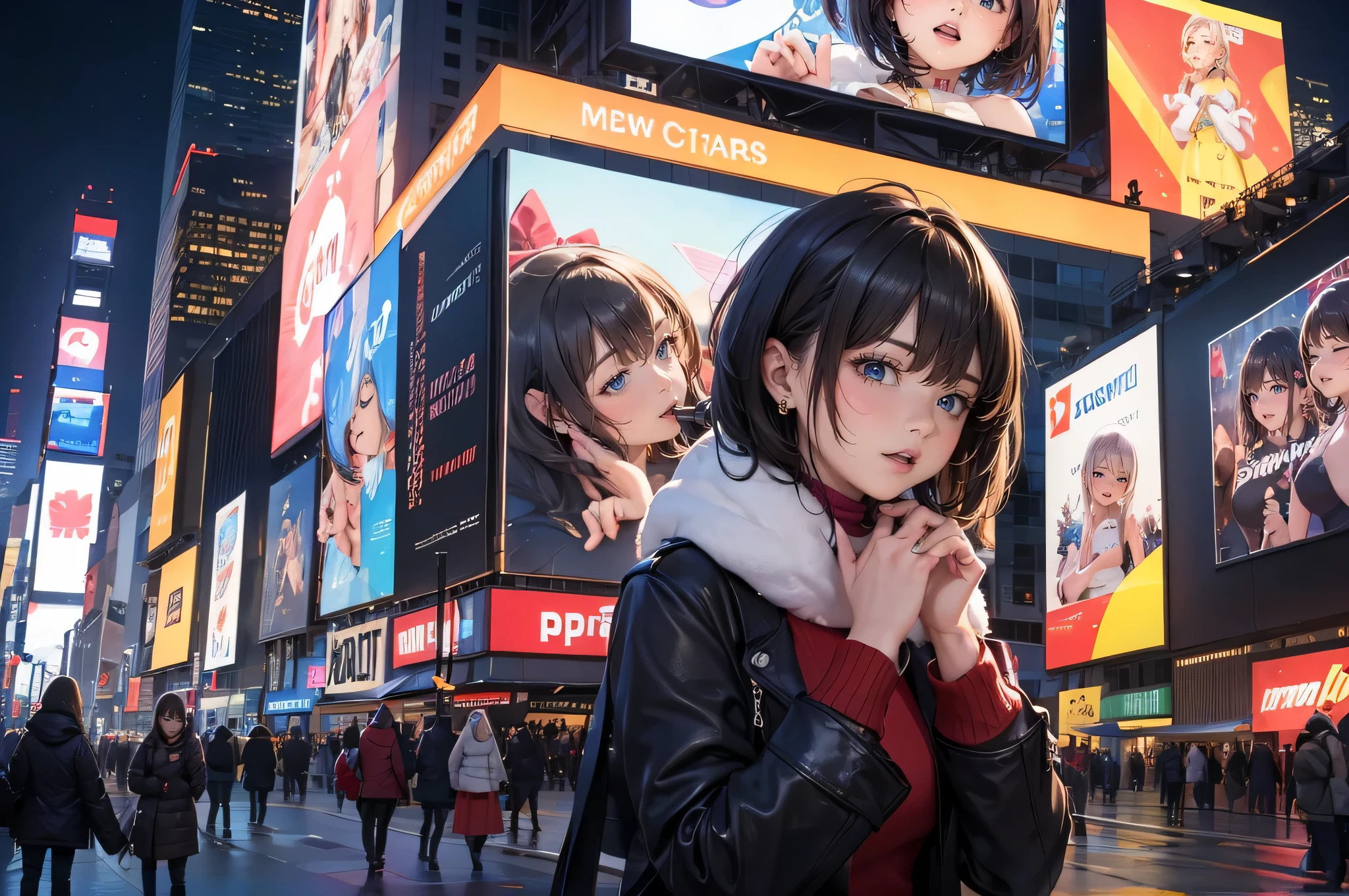 (((a woman is in front of the giant digital billboard at Times Square on Christmas day, all of giant digital billboard is broadcasting the same video about her appearance live, steam vending from the road))), ((winter clothes with Christmas colors)), looking away, angle from below, (drooping eyes, sleepy, ecstasy face, blush, earrings, many people pass, big Christmas tree, (Pixie Cut),