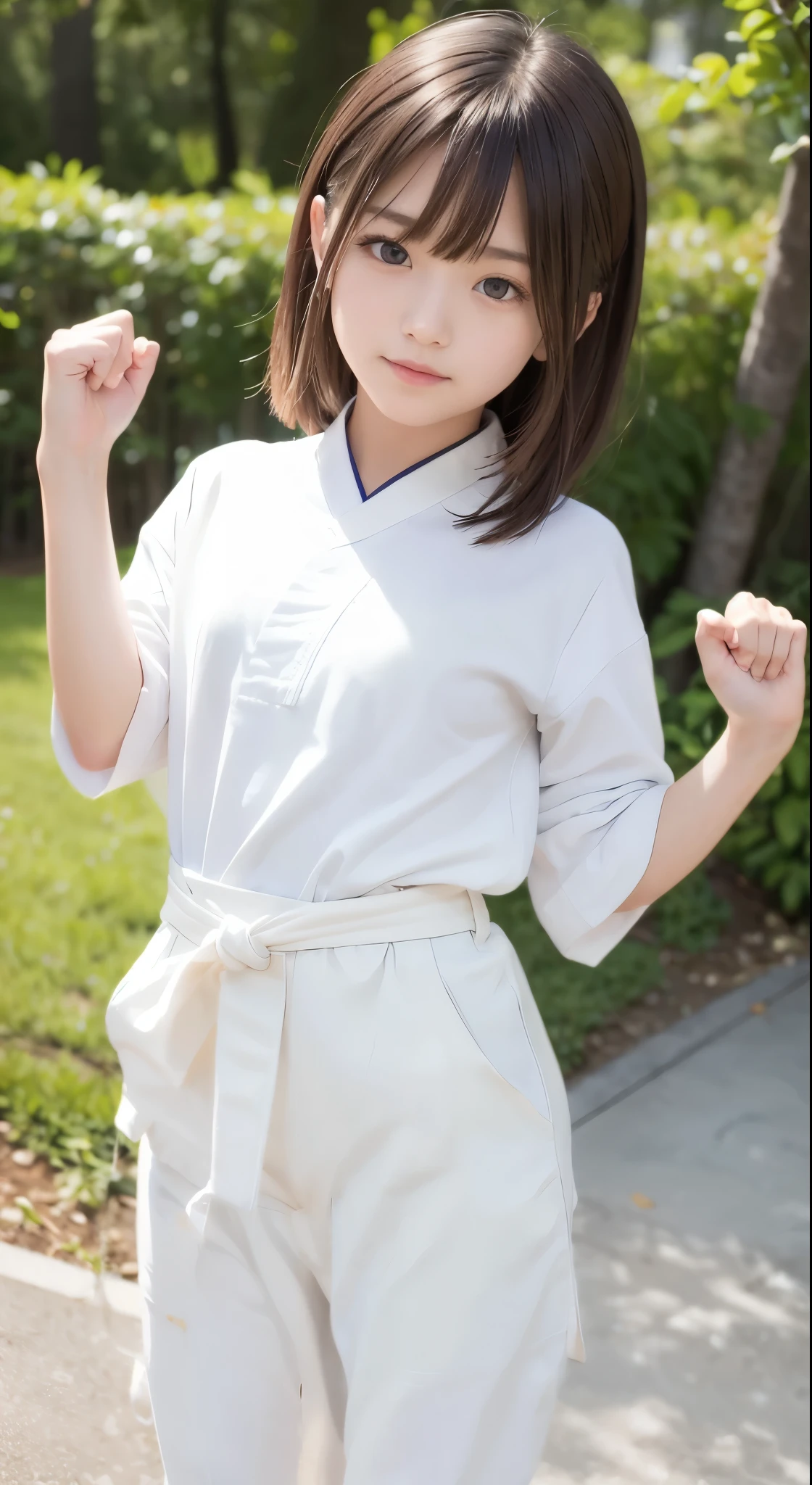 8k、Raw photography、highest quality、masterpiece:1.2),(Black-haired),((From the knee up:1.35))View Audience,Viewed from the front,erotic,White skin,(( and Chibi Girlが全裸に前がはだけた空手道着を着る:1.5))、(Karate uniform that accentuates the shape of large breasts、Big tits cleavage fully exposed:1.5)、((Karate Dojo))、((Very big breasts spilling out:1.3))、((とてもLoli and Chibi Girlは美しすぎる乳首を持っています))、kick、punch、(Slim waist:1.0)、Ultra-high resolution,beautiful,beautiful fece,(alone, alone、No background:1.7),((立ち姿のwhole bodyボディー)),Japanese girl,(Photorealistic:1.37)、Photon Mapping,reality、(((Very young and cute: 1.5)))、(Cute Smile: 1.7)、(Twintails with bangs)、Physically Based Rendering、Depth of field rally background、photograph, (I can see your knees,Thigh close-up:1.4),whole body、Naked lower body:1.25,((Karate Dojoで直立でガッツポーズ))、((((Loli Chibi Girl))),((((裸の胸の谷間が完全に露出した幼い and Chibi Girl)))、((((A short wearing a karate kimono over her naked body))),Super quality、((Erotic Tech)),nsfw