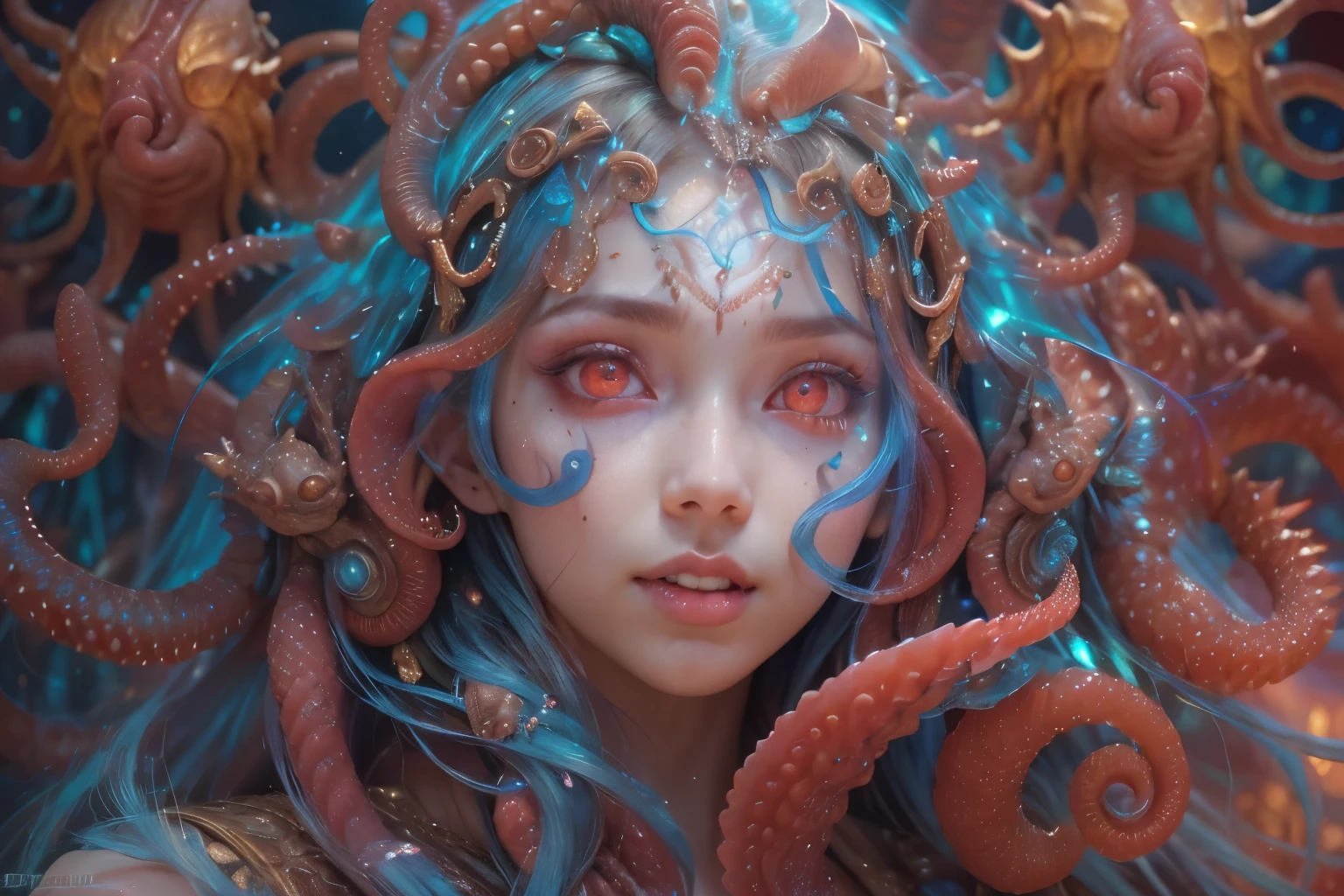 Portrait, (beautiful female alien:1.2),  (There is a female genital-like organ in the middle of the forehead.:1.8), (The most beautiful face in the history of the universe:1.2), (Glowing scarlet eyes:1.6), (Translucent pale skin:1.8), an evil gaze that seduces , (red eyes:1.5), Full body like, (Sexypose:1.5), alien, No humans, cells are fused, (Lots of translucent Blue tentacles:1.1), extraterrestrial, cell, bio image, (zenTangle, mandalas, Tangle, enTangle:0.98),(Fractal Art:0.9)(fluttered detailed color splashes:1.1),(marbling:1.1), (Vulgarity:1.15), (Sexy:1.4), sweet  breath, a sultry, ((???????:1.6)), Best Quality, 8K,4K_quality, High Definition, Dramatic Lighting, masutepiece:1.5,cinematic quality, detail up, (Intricate details:1.2), High resolution, High Definition, drawing faithfully, (Thick eyebrows:1.2), Beautiful eyes with fine symmetry, (Highly detailed face and eyes:1.2), (High-resolution red-eye:1.4), Intimate face, (Super detailed skin quality feeling:1.4), Perfect ???????,  (Beautiful toned body:1.5),  (Moist skin:1.2), No makeup, (dark circles:1.1), long canines, cinematic drawing of characters, ultra high quality model, cinematic quality, detail up, (Intricate details:1.2), High resolution, High Definition, drawing faithfully, Official art, Unity 8K wall  , 8K Portrait, Best Quality, Very High resolution, ultra detailed artistic photography, midnight aura,  unreal enginee 5, Ultra Sharp Focus, art by alberto seveso, ArtGerm, Roisch, intricate artwork, Medusa, best quality, masutepiece, ultra High resolution, (photos realistic：1.4), Ultra-realistic realism, dream-like,  nautilus, Creation of fantasy, Snail, Dream Snail,  (biopunk nautilus:1.4), Thrilling color schemes， Ultra-realistic realism， seductively smiling, Blue tentacles