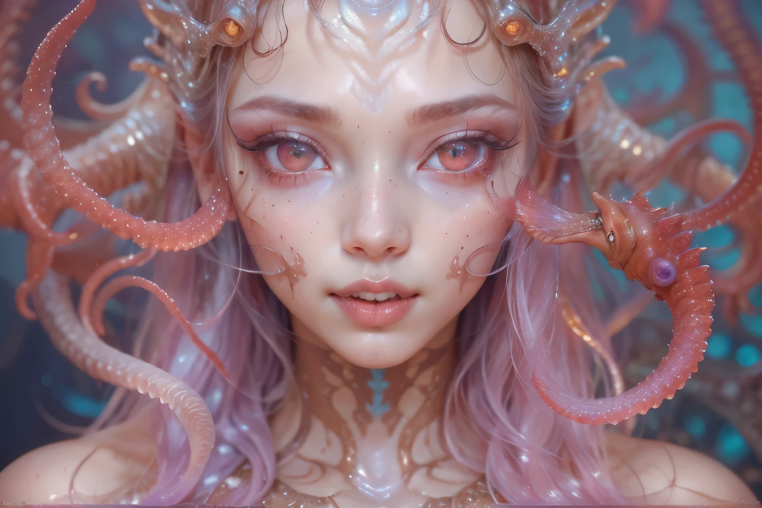 Portrait, (beautiful female alien:1.2), (There is a female genital-like organ in the middle of the forehead.:1.8), (The most beautiful face in the history of the universe:1.2), (Glowing scarlet eyes:1.6), (Translucent pale skin:1.8), an evil gaze that seduces , (red eyes:1.5), Full body like, (Sexypose:1.5), alien, No humans, cells are fused, (Lots of translucent Blue tentacles:1.1), extraterrestrial, cell, bio image, (zenTangle, mandalas, Tangle, enTangle:0.98),(Fractal Art:0.9)(fluttered detailed color splashes:1.1),(marbling:1.1), (Vulgarity:1.15), (Sexy:1.4), sweet breath, a sultry, ((Ecstasy:1.6)), Best Quality, 8K,4K_quality, High Definition, Dramatic Lighting, masutepiece:1.5,cinematic quality, detail up, (Intricate details:1.2), High resolution, High Definition, drawing faithfully, (Thick eyebrows:1.2), Beautiful eyes with fine symmetry, (Highly detailed face and eyes:1.2), (High-resolution red-eye:1.4), Intimate face, (Super detailed skin quality feeling:1.4), Perfect Anatomy, (Beautiful toned body:1.5), (Moist skin:1.2), No makeup, (dark circles:1.1), long canines, cinematic drawing of characters, ultra high quality model, cinematic quality, detail up, (Intricate details:1.2), High resolution, High Definition, drawing faithfully, Official art, Unity 8K wall , 8K Portrait, Best Quality, Very High resolution, ultra detailed artistic photography, midnight aura, unreal enginee 5, Ultra Sharp Focus, art by alberto seveso, ArtGerm, Roisch, intricate artwork, Medusa, best quality, masutepiece, ultra High resolution, (photos realistic:1.4), Ultra-realistic realism, dream-like, nautilus, Creation of fantasy, Snail, Dream Snail, (biopunk nautilus:1.4), Thrilling color schemes, Ultra-realistic realism, seductively smiling, Blue tentacles