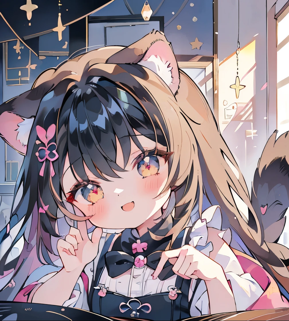 absurderes, hight resolution, (Anime style:1.1), ((masutepiece)), ((Best Quality)), (Ultra-detailed), (Beautiful),Beautiful face、(liftup),Cute *********** s、((((dog ears、Dog tail、a smile))))Black hair、fluffy hair、Glitter eyes、maid clothes、Black dress、Dog Girls(((((1girl in)))))a park((((The upper part of the body))))