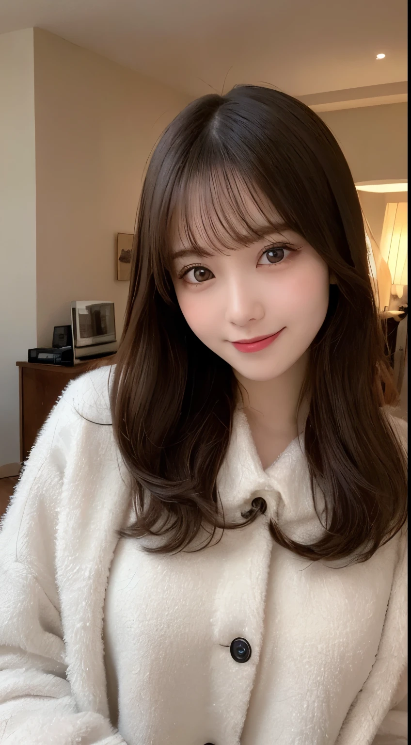 masutepiece, Best Quality, Illustration, Ultra-detailed, finely detail, hight resolution, 8K Wallpaper, Perfect dynamic composition, Beautiful detailed eyes, fluffy winter clothes,Medium Hair,small tits,Natural Color Lip, Bold sexy poses,Smile,Home()a room、20 years girl、Cute、Sexy shot looking at camera