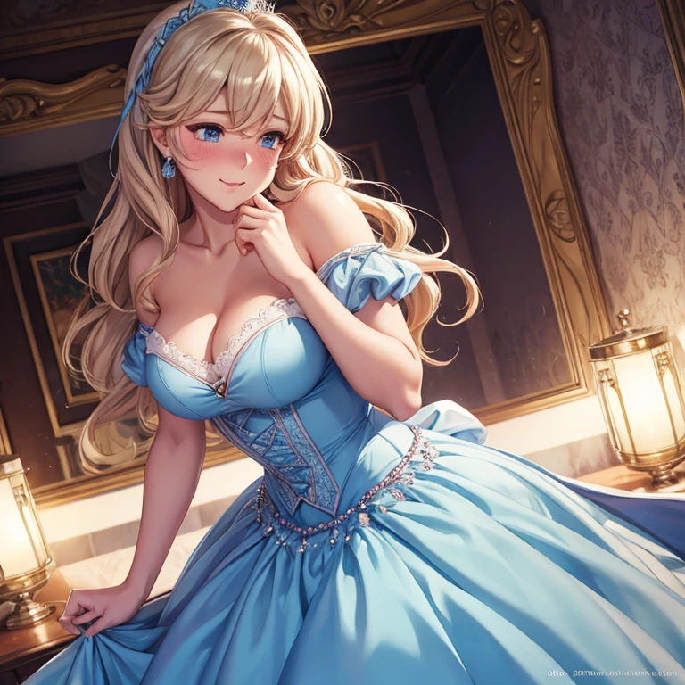 Embarrassed blushing Cinderella in a dress kisses a handsome man