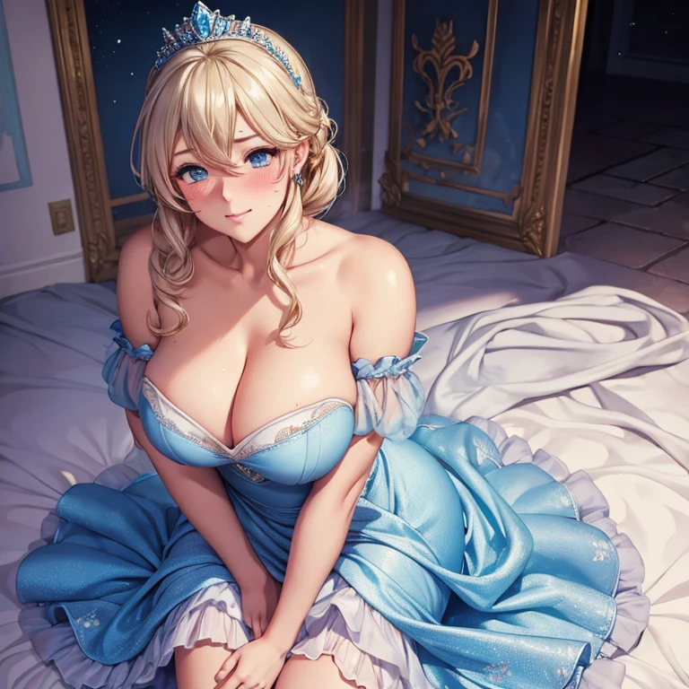 Embarrassed blushing Cinderella in a dress kisses a handsome man