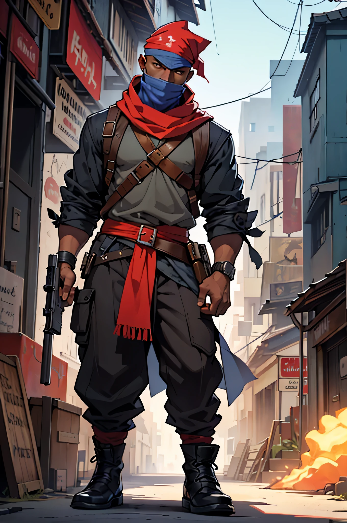 (Magic:1.1), in full height, (Solo man:1.3), (mage:1.2), in a modern city, (ember:1.2), gangster, witch gun, There is a pistol, dark skin, dark-skinned, bald, (in a bandana:1.2), Bandit