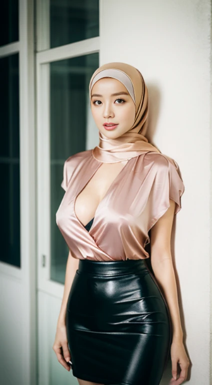 ulzang-6500-v1.1,(RAW photo:1.2), (Photorealistic:1.4), Beautiful Meticulous Girl, very detailed eyes and faces, Beautiful detailed eyes, absurderes, unbelievable Ridiculous, medium breasts, ultra - detailed, A high resolution, The is very detailed,best qualtiy,tmasterpiece,((T-shirt )),illustratio,The is very detailed,CG,unified,8k 壁纸,Amazing Cleavage,finely detailled,tmasterpiece,best qualtiy,VerydetailedCG,8k wallpaper,light in face,cinmatic lighting, 1girll, 16 yaers old,wearing satin hijab,lateral division,(mideum breasts),((pantyless)),((dynamicposes)),(sexyposture),(full bodyesbian),((Pantyhose)),((Black hip skirt)),exterior