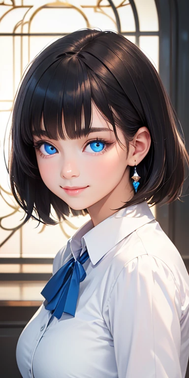 baby face, short black hair,messy hair,blunt bangs, (photorealistic:1.4), (masterpiece, sidelights, exquisite beautiful eyes: 1.5), masterpiece*portrait, realistic, 3D face,kawaii face,front view: 1.5、 (glowing blue eyes:1.2),(tareme:1.5)、forced smile,Rosy Mouth,Slim Body, shiny hair, shiny skin: 1.5、large breasts:1.3,solo,(sit)、(open collared shirt)、(charactor focus:1.5、portrait)、upper body,
