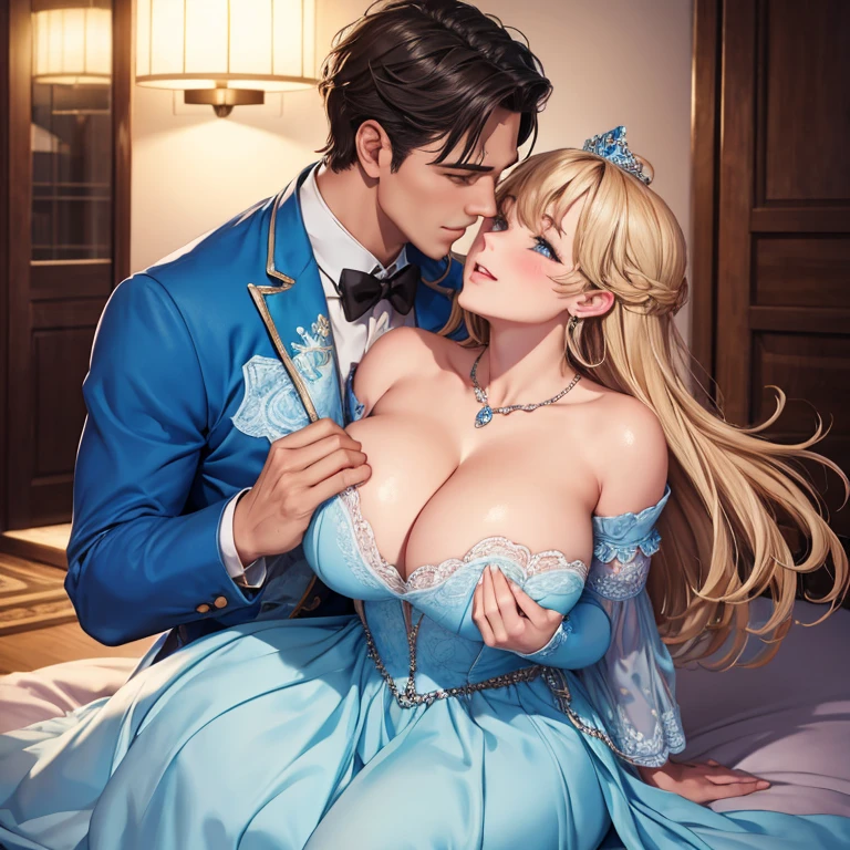 Embarrassed blushing Cinderella in a dress passionately kisses a handsome man, French kiss