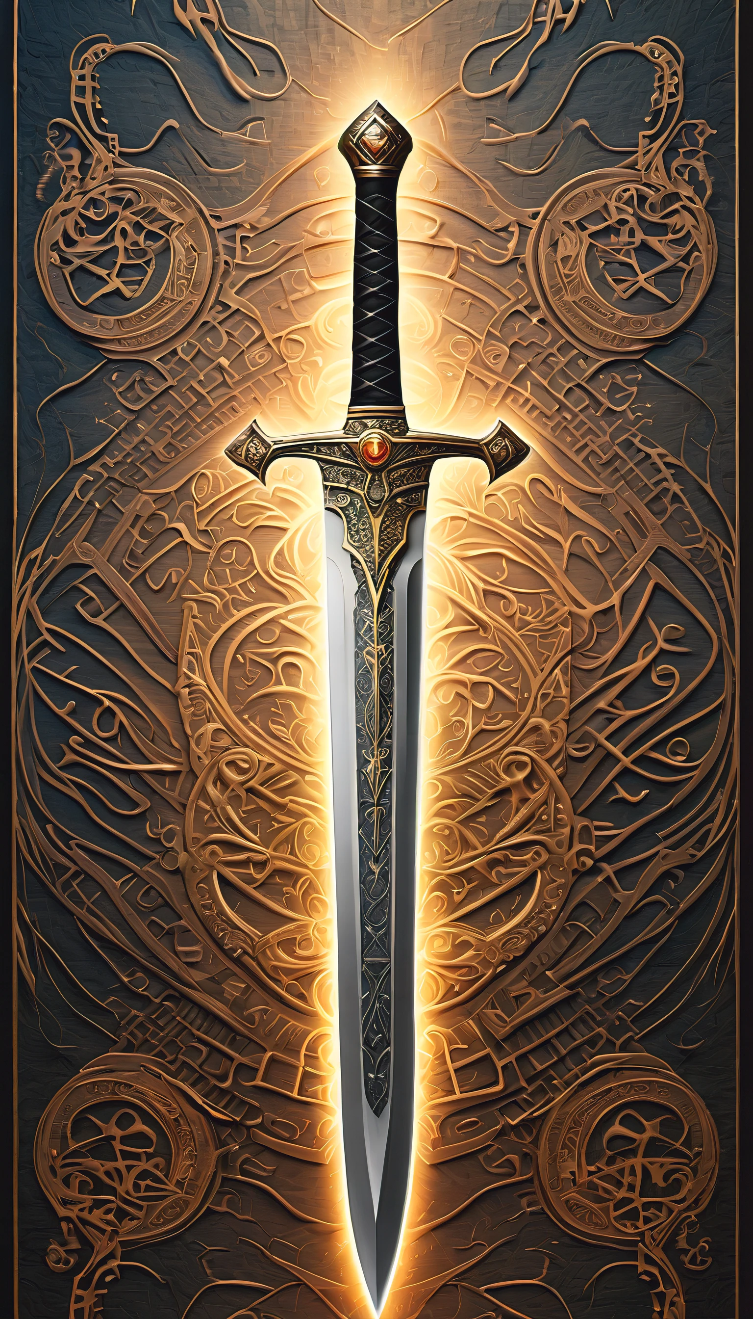 (masterpiece, best quality), (a legendary sword on display), ancient power, glowing magic, etched with sigils and runes, intricate design but functional, elaborate details