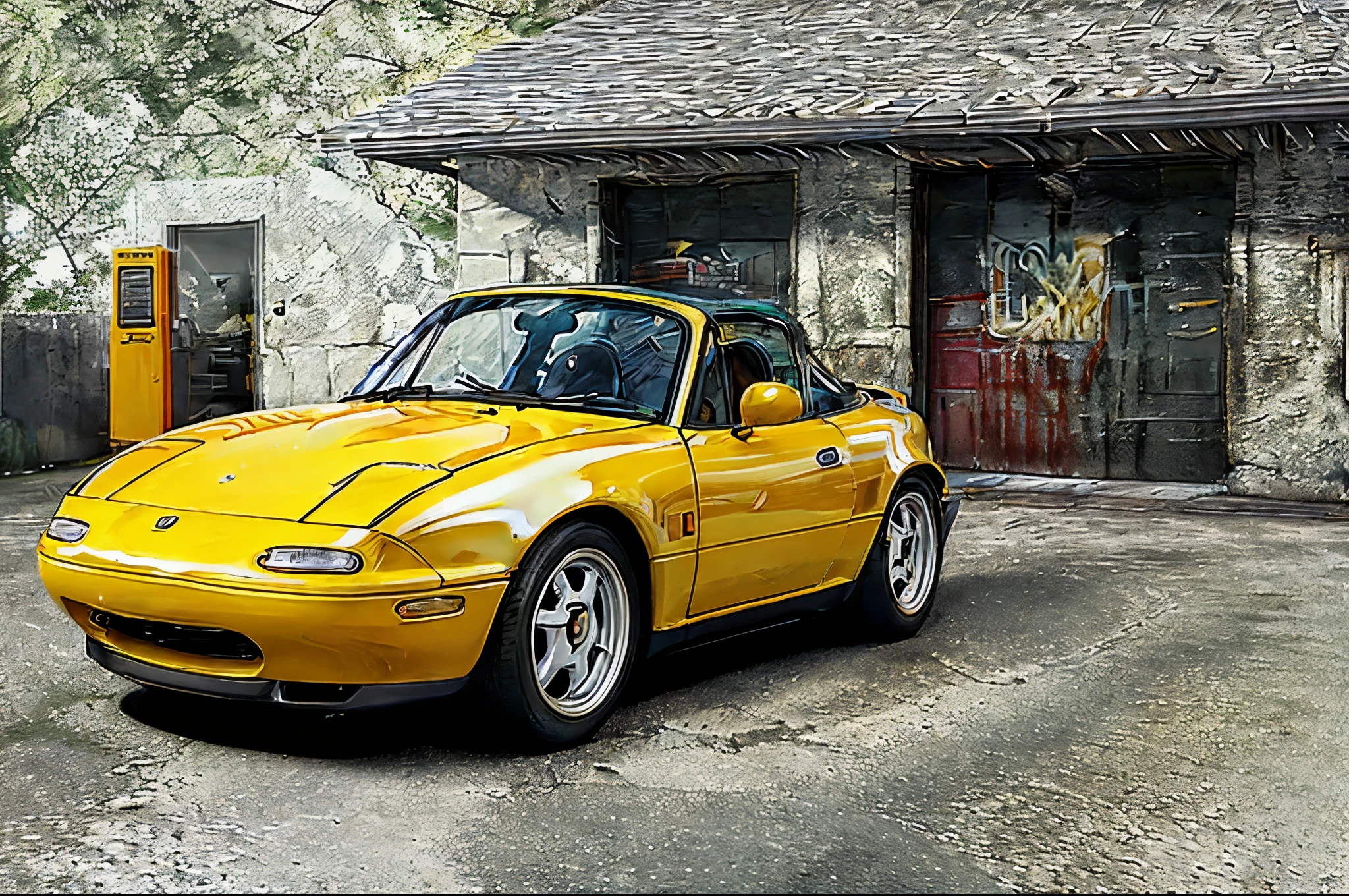 The Allafard yellow Porsche 964 is parked in front of the garage, Highly detailed hyperreal retro, Porsche 964, Porsche 964,, Ultra-detailed 3D rendering, Ultra-detailed 3D rendering, Porsche 964, 3D Ultra-Realistic Rendering, veranda, hyper realistic rendering, hyper realistic 3 d render, hyper real render，Mender，tailed，Porsche 964，