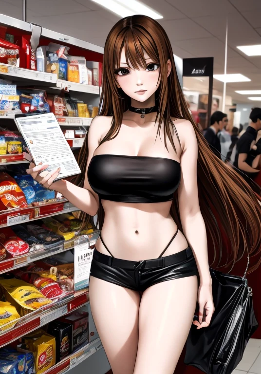 A beautiful adult woman with long, shoulder-length hair, big breasts, beautiful legs, and a sharp face is standing in a supermarket from behind wearing a black tube top that exposes her navel and black hot pants that look like panties.。