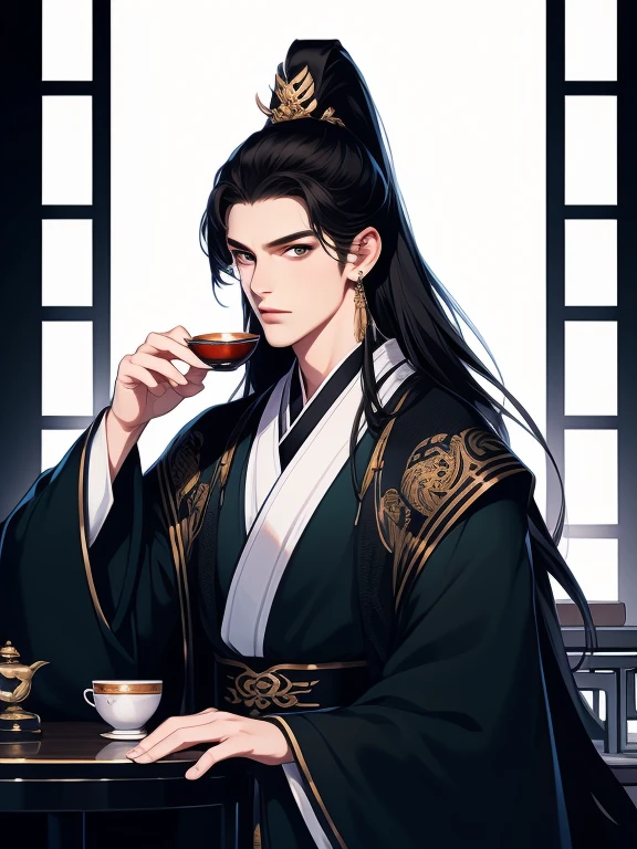 Best quality,tmasterpiece,16k,,Long-haired man drinking,Chinese teacup,(Huang Hanfu:1.5),asian architecture interior,Ancient Chinese court style,