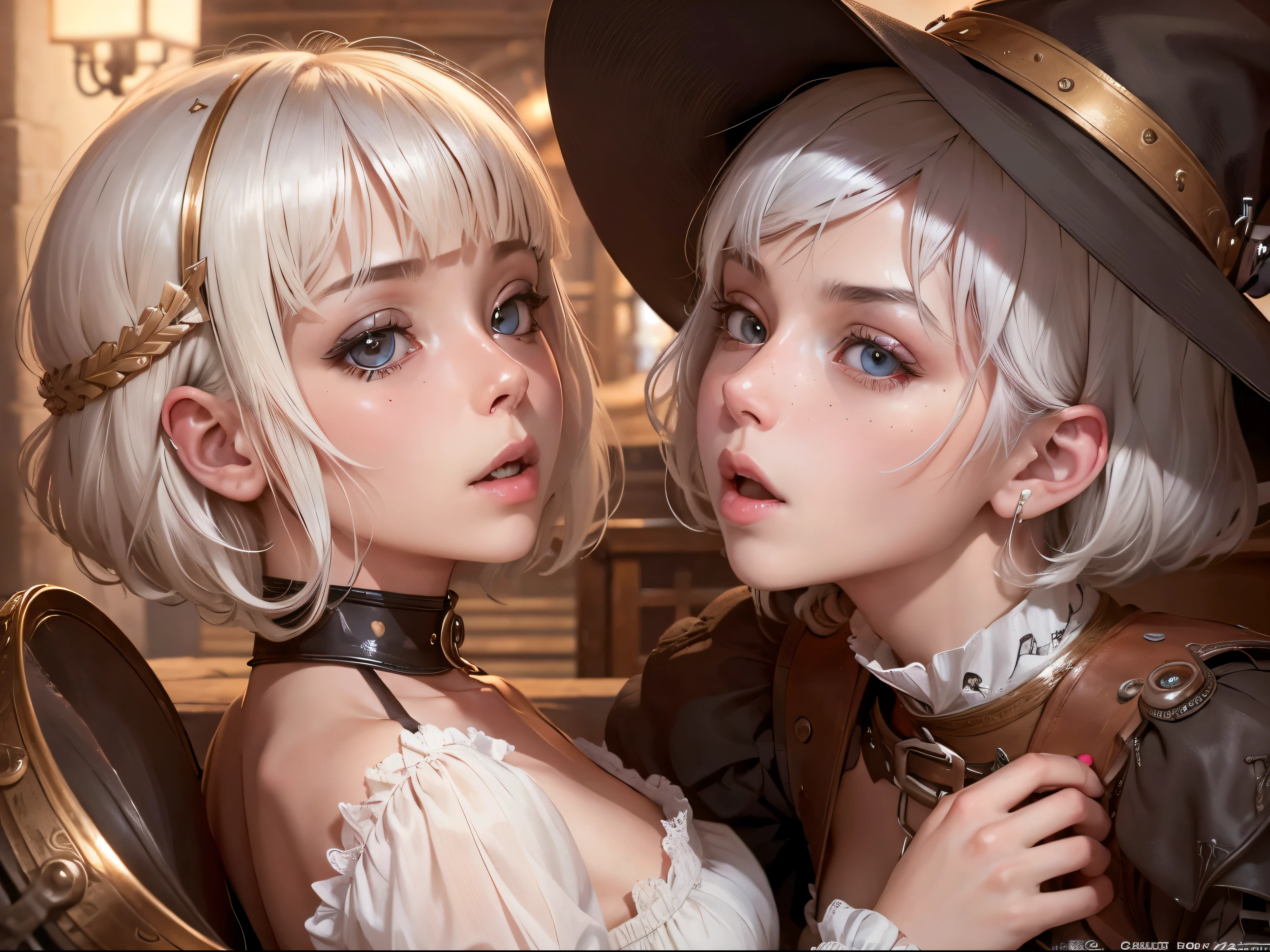(masutepiece), (Piece of art), (Amazing work), (Detailed eyes), (Delicate skin), (Colorful eyes), (short white hair with bangs), (Sparkling eyes), (1girl in) ,(tiny chest),Skinny Legs,With witch's hat, oud, old, Wear extravagant medieval clothing, masutepiece, Best Quality, The best Desinger, Best Illustration,Lesbian couple,Lesbian sex,pissing,Gonzo