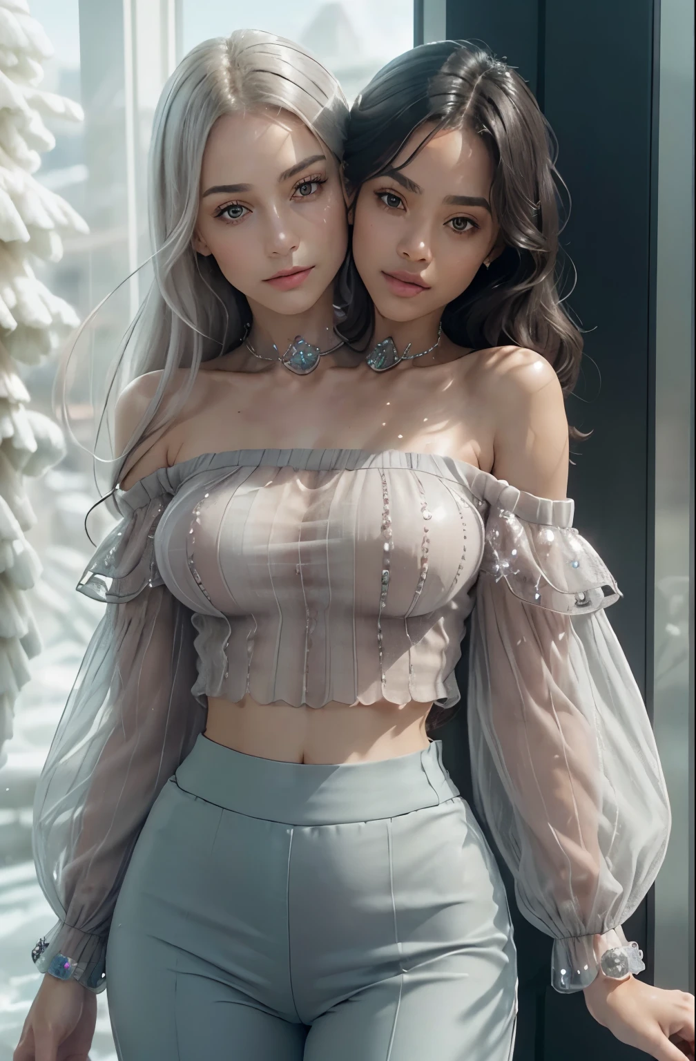 (pastel color:1.1), (High detail RAW Photo), (extremely detailed skin, photorealistic, heavy shadow, dramatic and cinematic lighting, key light, fill light), sharp focus, film grain, grainy, cinematic, imperfect skin, fabrics, textures, detailed face, detailed skin, detailed fingers, warm colors NaturalHand2-3500, smile, teeth,ziya,
(Off-the-shoulder_blouse:1.4),(Wide-leg_cropped_pants:1.3),(Woven_handbag:1.2),(((crystals texture Hair))),((beautiful detailed glass hair)),((glass shaped texture hand)),((crystallize texture body)),gem body,hands as clear as jewels,crystallization of clothes,((crystals texture skin)),sparkle, lens flare, light leaks,broken glass,detailed glass shaped clothes,beautiful detailed gemstone sky, gemstone sea, crystals texture flowers,((detailed crystallized clothing)), (two heads)