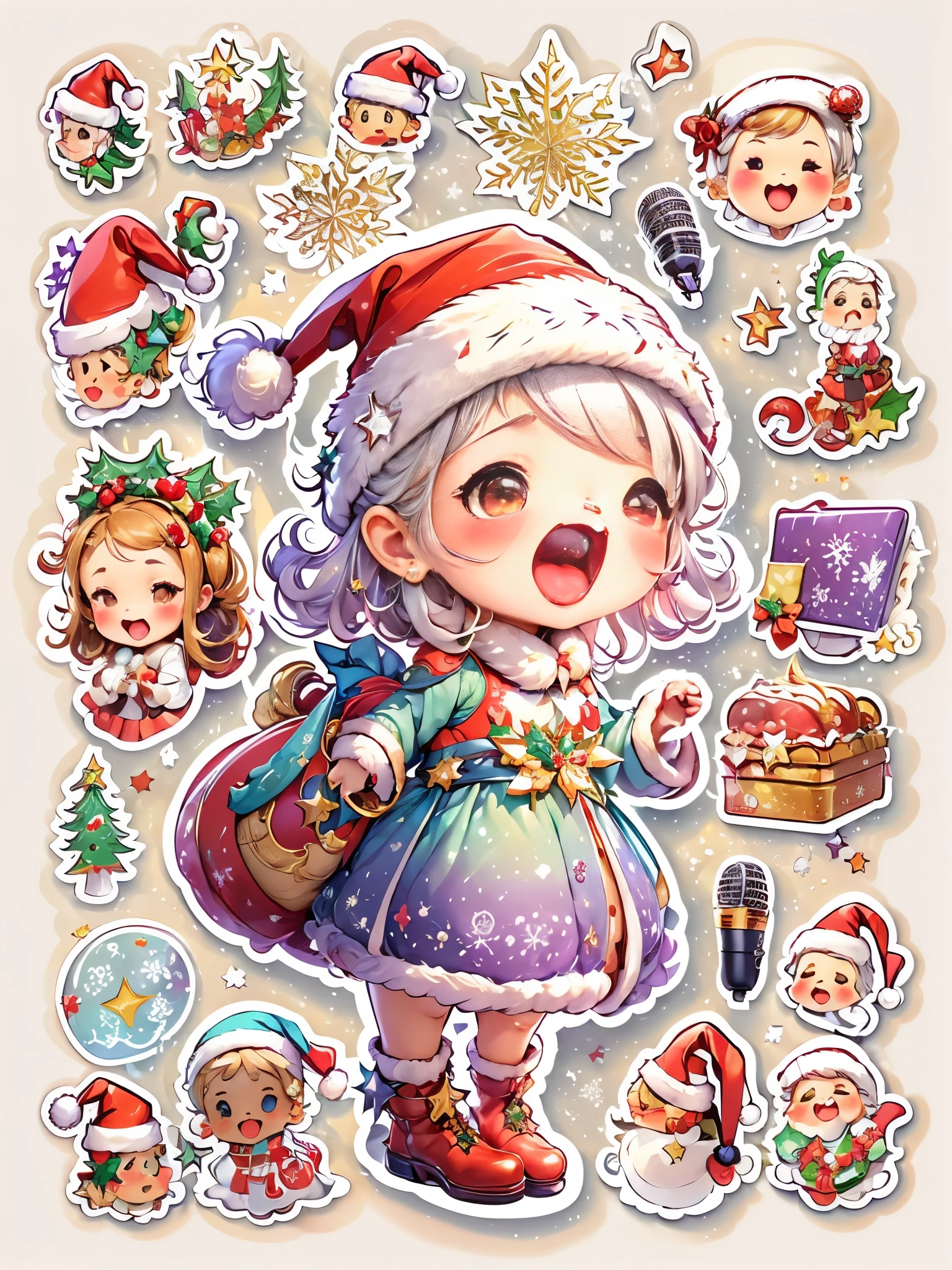 (sticker:1.5), ((1 cute Christmas girl wearing a Santa hat)，((singing with a microphone)), (((Many syllable symbols floating in the air)))，Christmas elements，清晰的线条，clean backdrop，white backgrounid