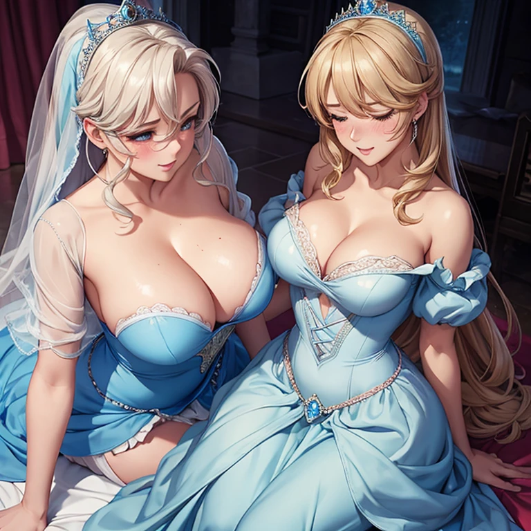 Embarrassed blushing Cinderella in a dress kisses and hides her breasts
