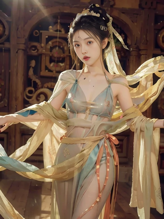 best quality,masterpiece,extremely Detailed details,high resolution,8k,intricate details,realistic,photorealistic,dramatic lighting, 1girl,dunhuang_clothes,dunhuang_dress,small breasts,partially hidden by the clothing,(see-through:1.3),Through a thin veil,glimpses of breasts are visible,creating an alluring and suggestive effect,reveals glimpses of her skin and the contours of her chest, cowboy shot,dancing,