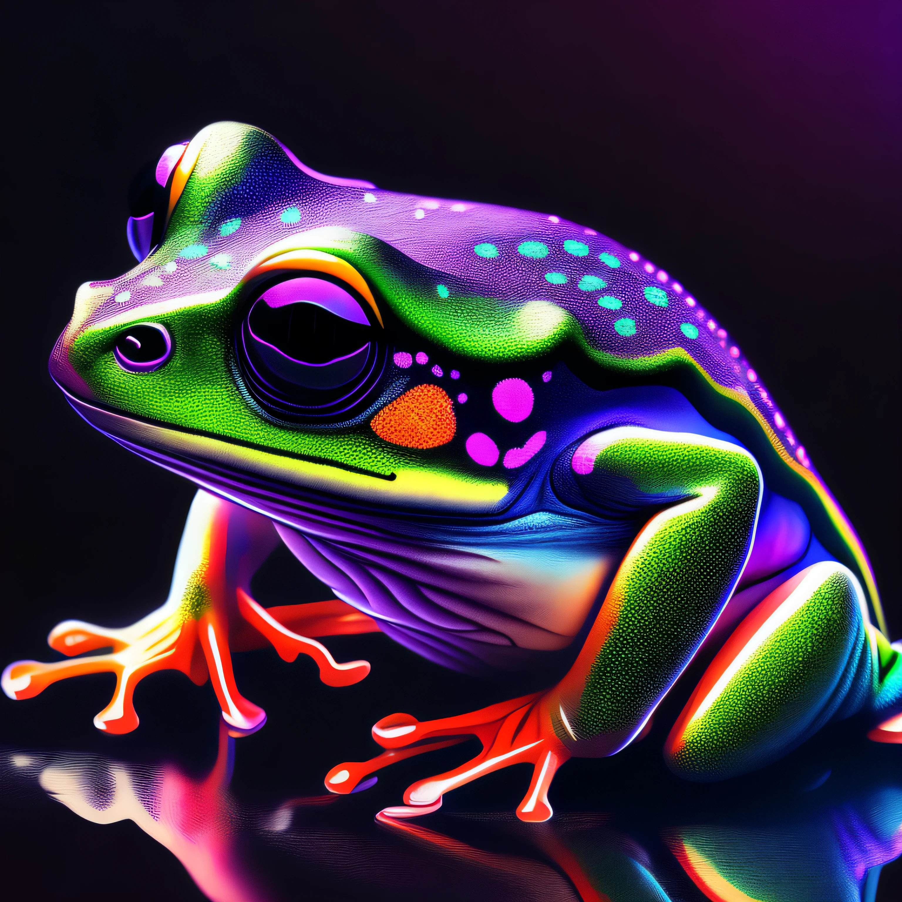 intricate and colorful, (digital painting:1.2) tree frog, bright neon skin, wet, portrait, concept art, octane render, trending on artstation, neon-noir background, iolibt, vfx, Blender and Photoshop, octane render, excellent composition, cinematic atmosphere, dynamic dramatic cinematic lighting, aesthetic, very inspirational, arthouse,(dark plain black background:1.4))