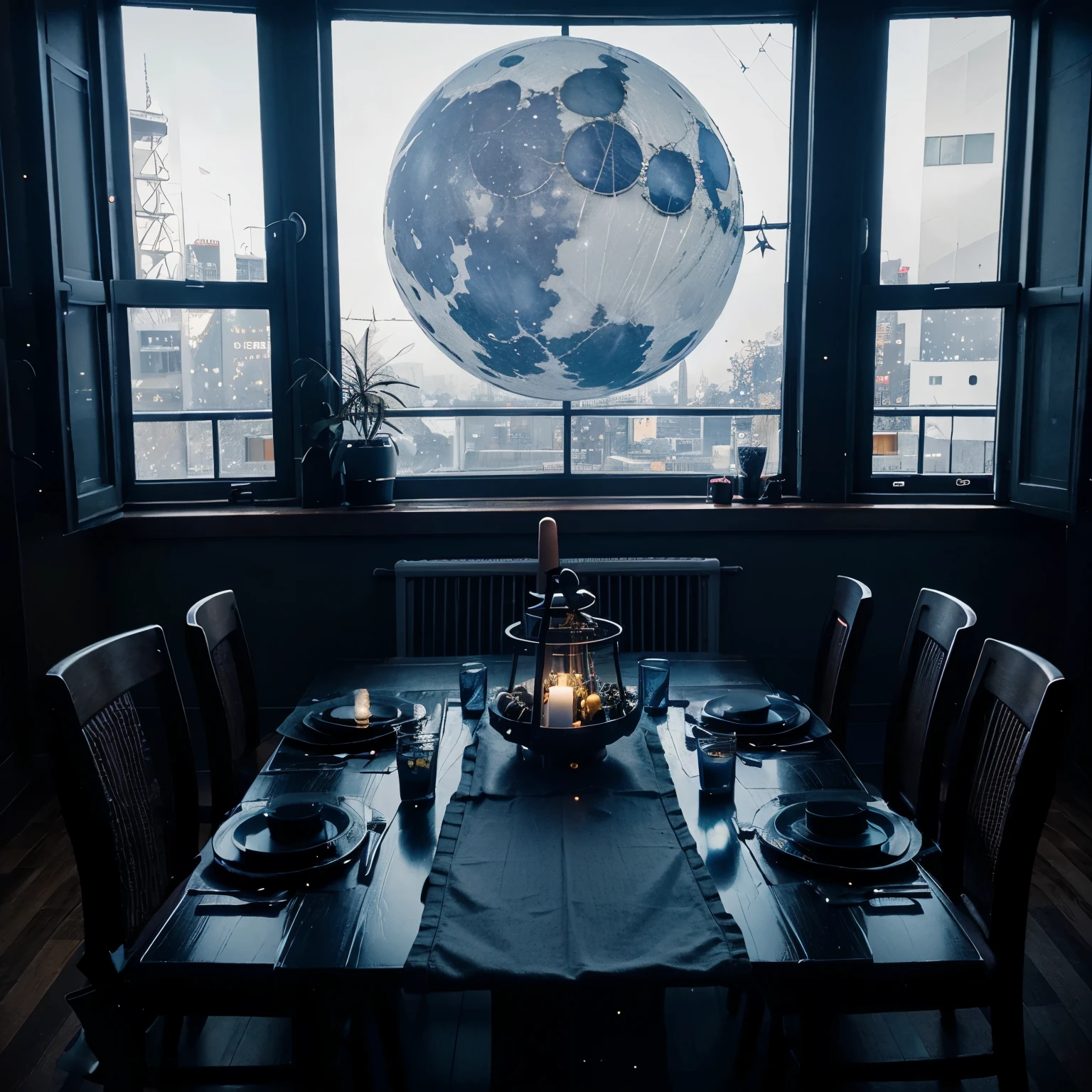 Chrismas table cyberpunk style with Chrismas tres big window night braid moon stars
