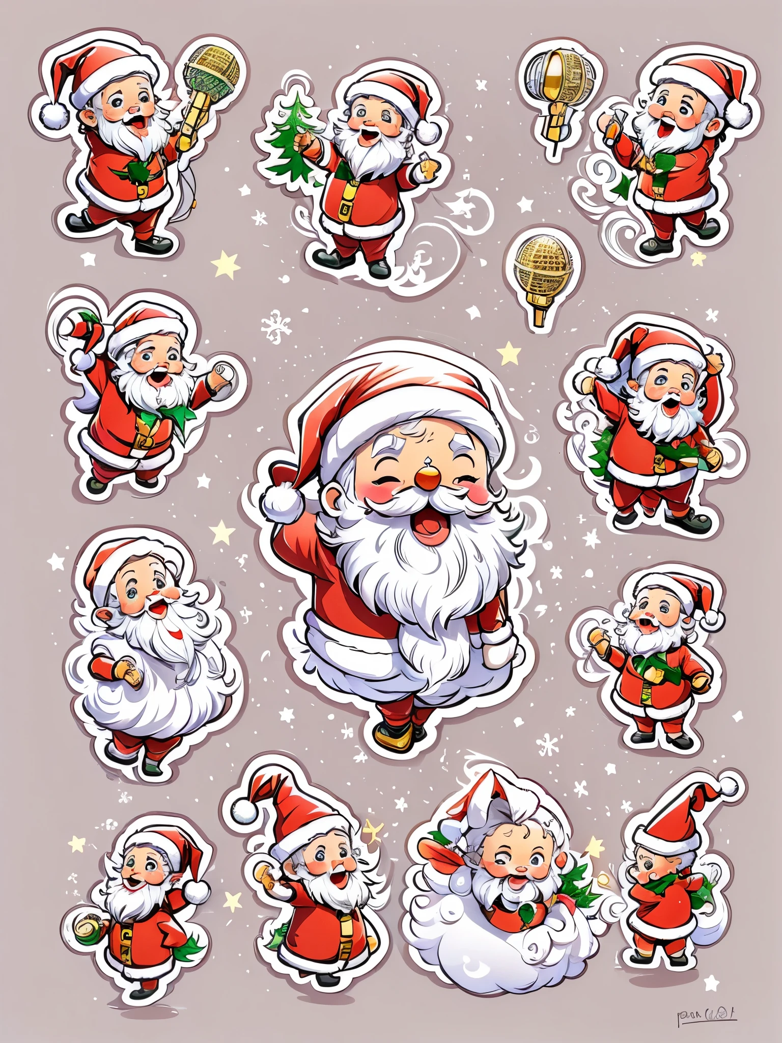 (sticker:1.5), ((1 cute Christmas girl wearing a Santa hat)，((singing with a microphone)), (((Many syllable symbols floating in the air)))，Christmas elements，清晰的线条，clean backdrop，white backgrounid