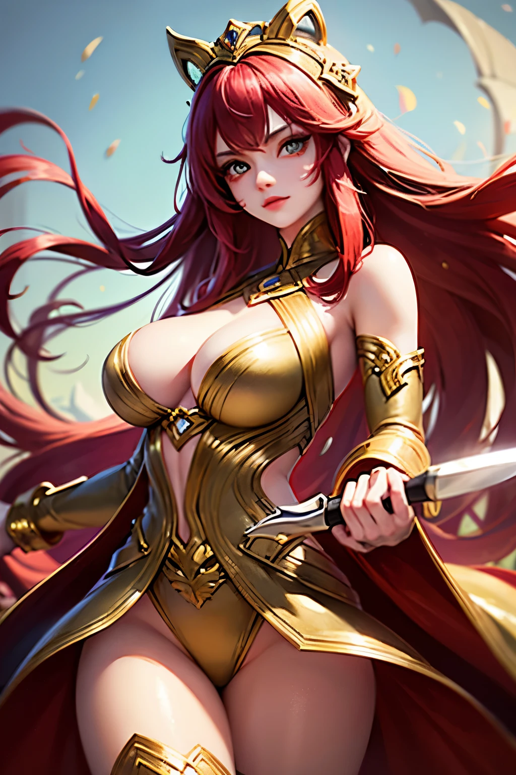Create a character, a beautiful girl, cute face, red long hair, wearing gold suit, large breast, holding a knife, a point of view from photographer