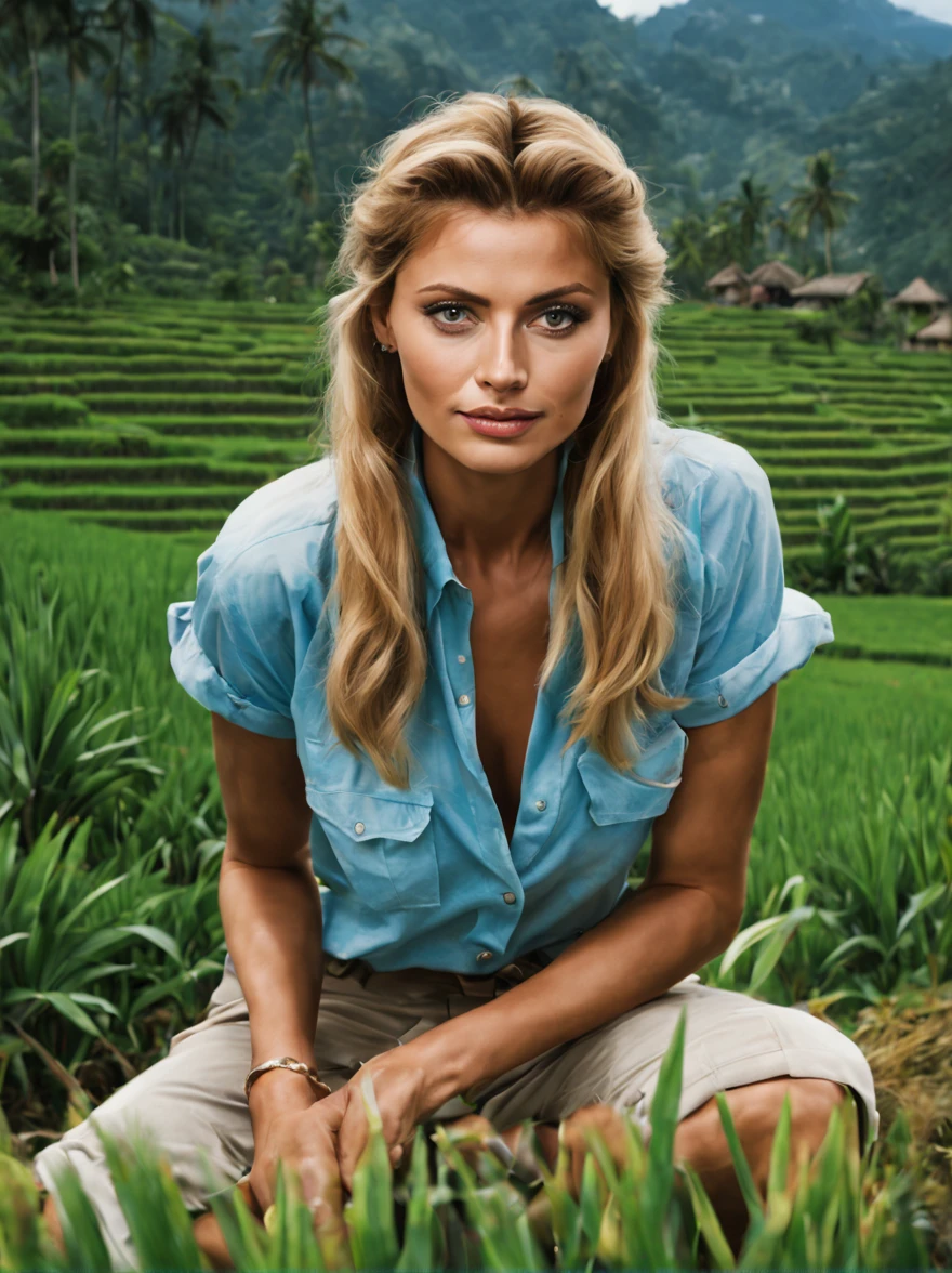 A Beautiful European woman [Sophia Loren:Maude Adams:0.35], (Golden Haired:1.25). Short ponytailed, gentle smile. Wears pastel blue Flannel Shirt and white T-Shirt with text "I ❤ Bali", trousers, Adidas Sneakers.  (At an exotic Bali terraced rice field:1.2). Having a lunch meal in a bamboo hut, Volcano and woods at background, insanely detailed and intricate background nature scene with some other characters and objects, a masterpiece cinematic photo realistic illustration of Color Comic Maestro Don Lawrence, super detailed, high resolution, full vibrant color, volumetric lighting, octane render