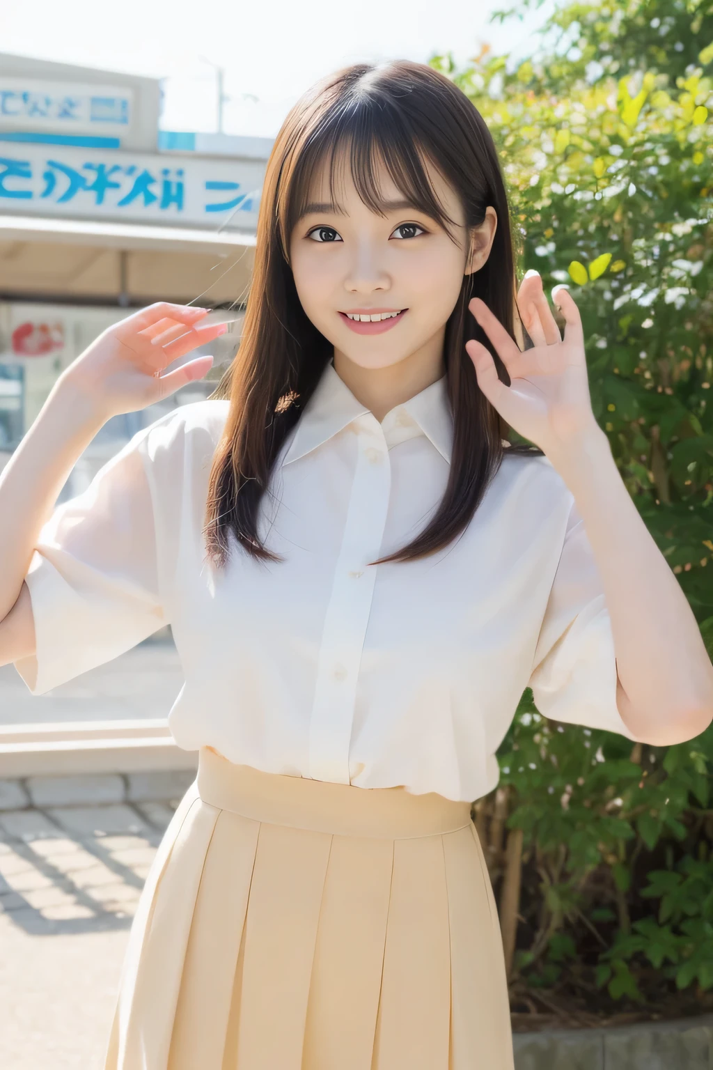 8K raw photos、hight resolution、Japan at the age of 18、beautiful eyes finely detailed、long eyelasher、beautiful double eyelid、eye line、Slender eyes、elongated eye shape、Sansakumaru&#39;Legally thin and beautiful thighs、Random long hair、A smile、girly style costume mini skirt、Cowboy Shot、Black stockings、Looking at camera while waving on the beach