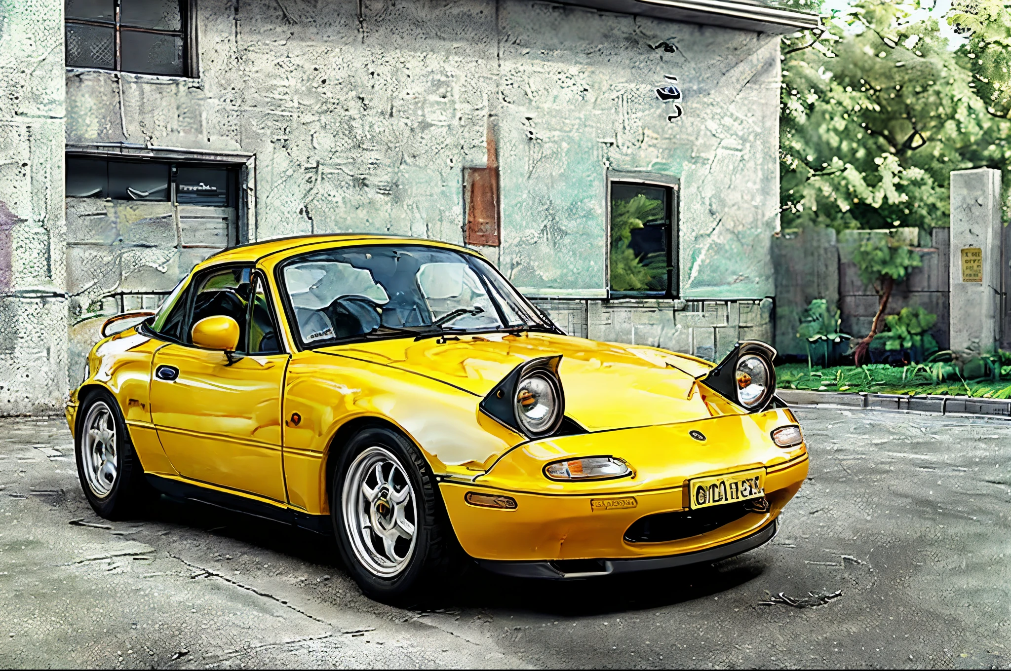 The Allafard yellow Porsche 964 is parked in front of the garage, Highly detailed hyperreal retro, Porsche 964, Porsche 964,, Ultra-detailed 3D rendering, Ultra-detailed 3D rendering, Porsche 964, 3D Ultra-Realistic Rendering, veranda, hyper realistic rendering, hyper realistic 3 d render, hyper real render，Mender，tailed，Porsche 964，