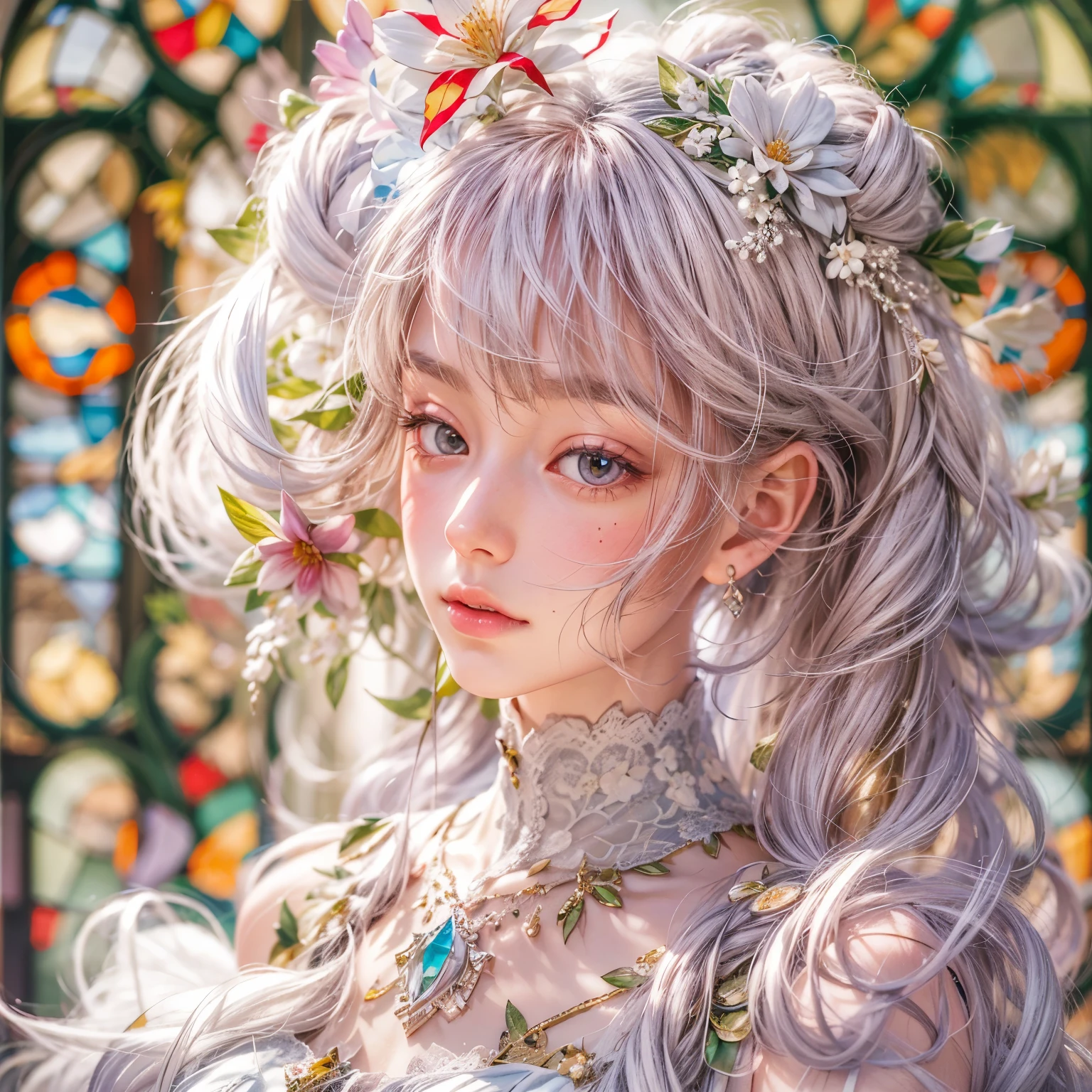 concept art, Tiny junior idol, Delicate lace knitted white clothes, (nipple:-0.9), (face closeup, (Dazzling stained glass Background)), (((Renbutsu Misako), vivid colorful Light shines through delicate stained glass:1.35, Dazzling Halo, Acutance:0.8)), {vivid red |Mystic sight | haze | lense Particle | lens flare | light Particle}. (masterpiece:1.2),(ultra-detailed:1.37),((realistic,photorealistic,photo-realistic:1.37)), (Extremely detailed KAWAII face variations, innocent expression variations), {rosy cheeks | intricate detailed eyes with sparkling highlights | long eyelashes with volume | subtle blush on the face}. impeccable skin texture, captivating gaze, ((Dynamic-angle, physically-based rendering)), whole Body proportions and all limbs are anatomically accurate . full of flowers covering girl's body .