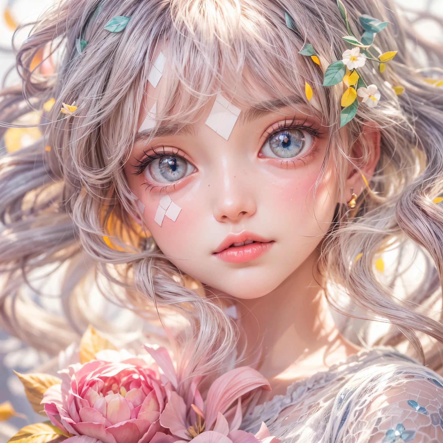 concept art, Tiny junior idol, Delicate lace knitted white clothes, (nipple:-0.9), (face closeup, (Dazzling stained glass Background)), (((Renbutsu Misako), vivid colorful Light shines through delicate stained glass:1.35, Dazzling Halo, Acutance:0.8)), {vivid red |Mystic sight | haze | lense Particle | lens flare | light Particle}. (masterpiece:1.2),(ultra-detailed:1.37),((realistic,photorealistic,photo-realistic:1.37)), (Extremely detailed KAWAII face variations, innocent expression variations), {rosy cheeks | intricate detailed eyes with sparkling highlights | long eyelashes with volume | subtle blush on the face}. impeccable skin texture, captivating gaze, ((Dynamic-angle, physically-based rendering)), whole Body proportions and all limbs are anatomically accurate . full of flowers covering girl's body .