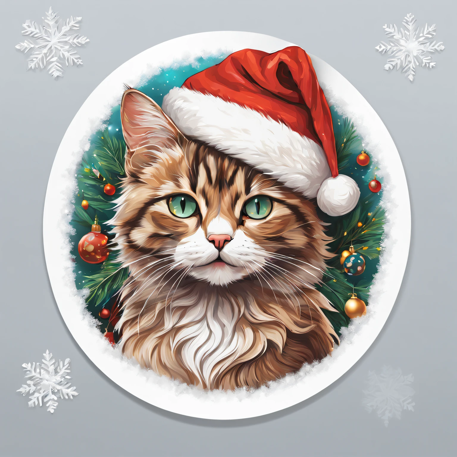(One sticker,),(A cat wearing a Santa hat),Fine fur texture,vivd colour,Ultra-fine painting,Precise brushstrokes on fur.(In circles), (Christmas background), (white border frame),, ultra - detailed, Detailed illustration, vectorized, 8K, 专业One sticker设计, Graphic design, vector lines, One sticker, Full-HD