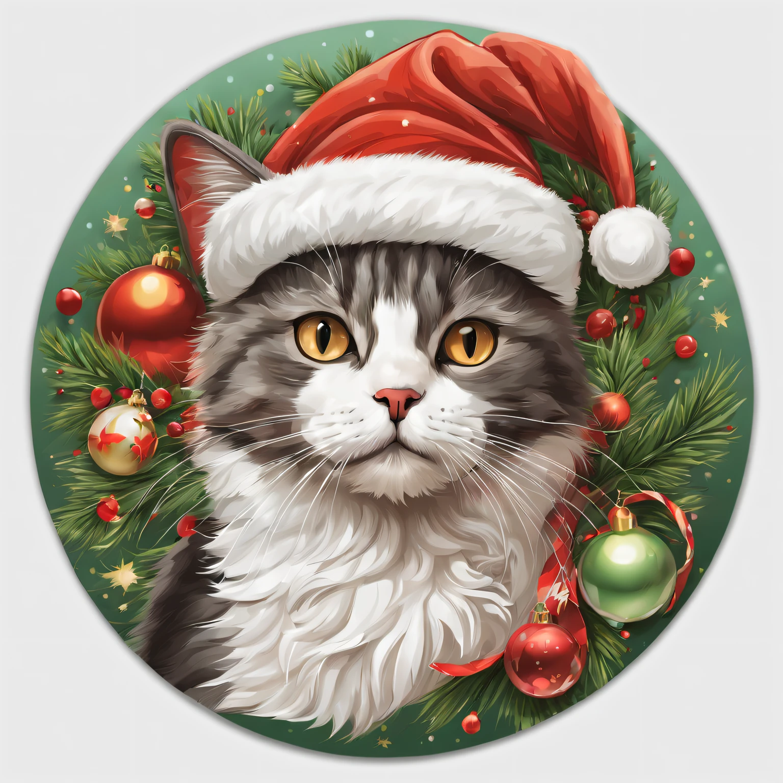 (One sticker,),(A cat wearing a Santa hat),Fine fur texture,vivd colour,Ultra-fine painting,Precise brushstrokes on fur.(In circles), (Christmas background), (white border frame)，, ultra - detailed, Detailed illustration, vectorized, 8K, 专业One sticker设计, Graphic design, vector lines, One sticker, Full-HD