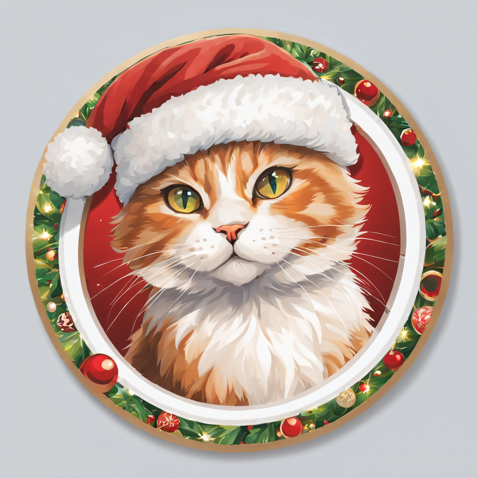 (One sticker,),(A cat wearing a Santa hat),Fine fur texture,vivd colour,Ultra-fine painting,Precise brushstrokes on fur.(In circles), (Christmas background), (white border frame)，, ultra - detailed, Detailed illustration, vectorized, 8K, 专业One sticker设计, Graphic design, vector lines, One sticker, Full-HD