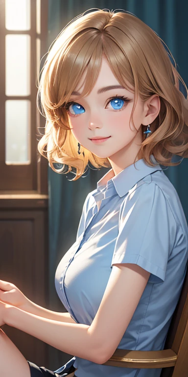 , short black hair,messy hair,wavy hair, (photorealistic:1.4), (masterpiece, sidelights, exquisite beautiful eyes: 1.5), masterpieceportrait, realistic, 3D face,kawaii face,front view: 1.5、 (glowing blue eyes:1.2),(tareme:1.5)、light smile,Rosy Mouth,Slim Body, shiny hair, shiny skin: 1.5、large breasts:1.3,solo,(sit)、(open collared shirt)、(charactor focus:1.5、portrait)、upper body,