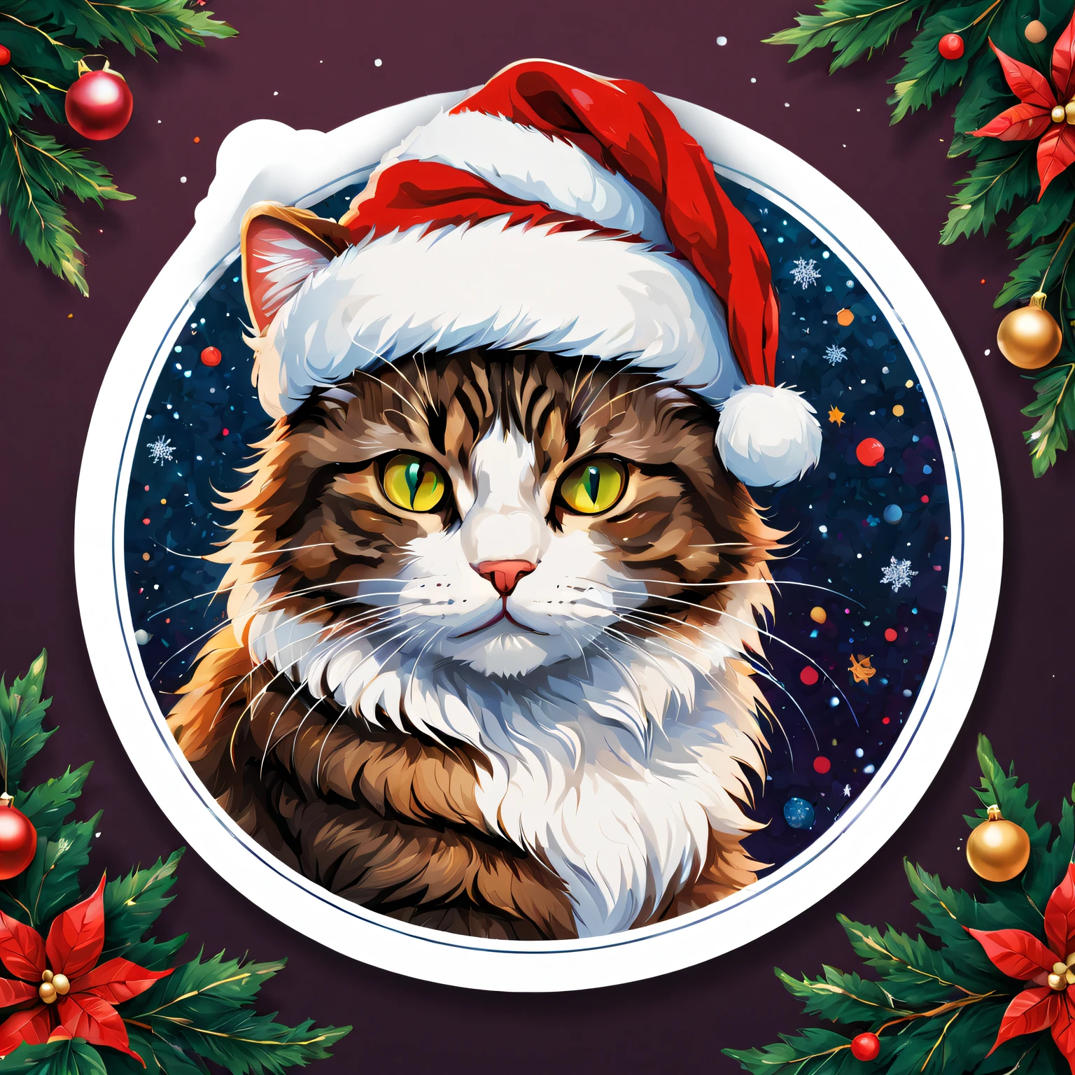 (One sticker,),(A cat wearing a Santa hat),Fine fur texture,vivd colour,Ultra-fine painting,Precise brushstrokes on fur.(In circles), (Christmas background), (white border frame)，, ultra - detailed, Detailed illustration, vectorized, 8K, 专业One sticker设计, Graphic design, vector lines, One sticker, Full-HD