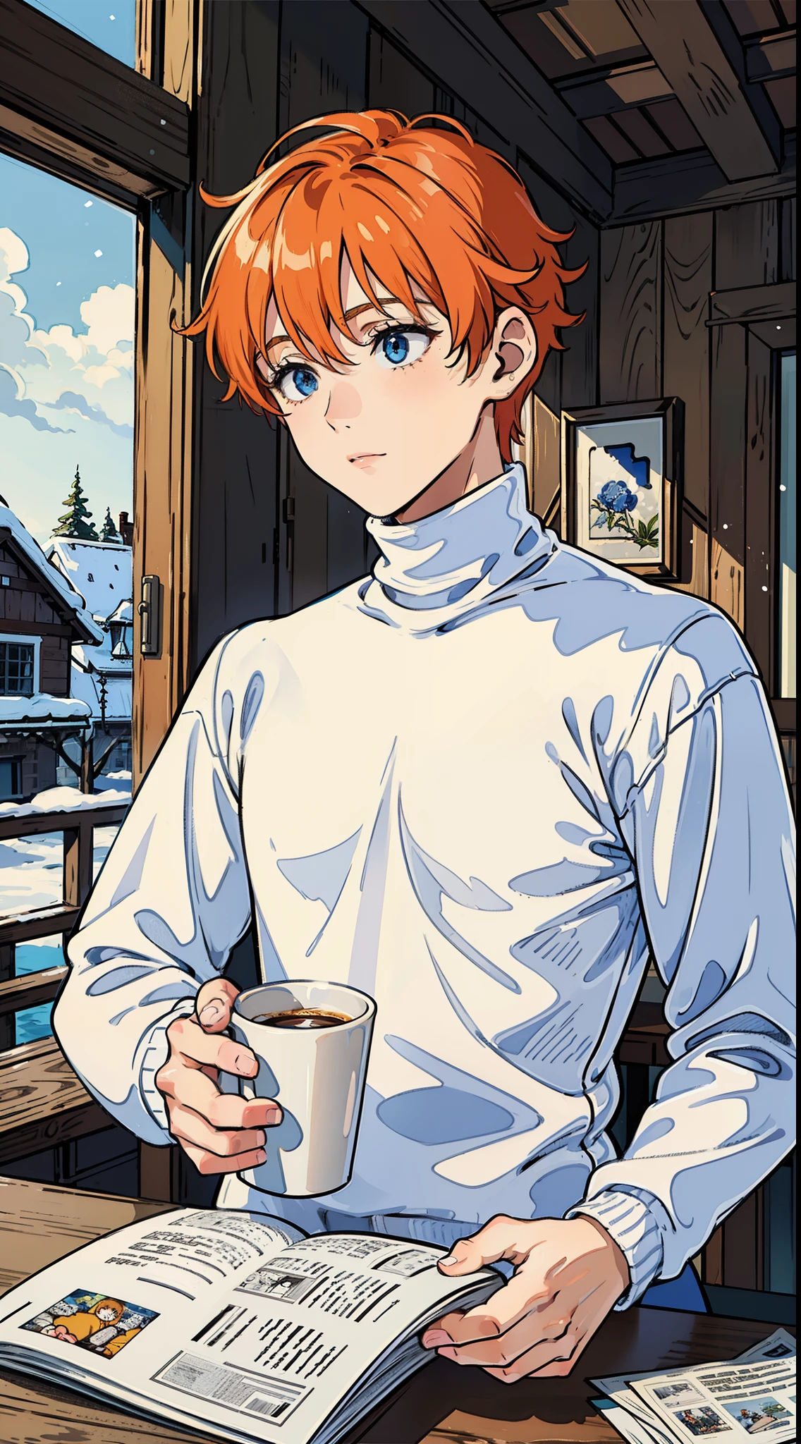 (1boy,teen,18 years old), orange hair, blue eyes,(((white sweater,turtleneck))),(in front of a table, cup of coffee, reading a newspaper,inside of a wood house,snow,looking away),