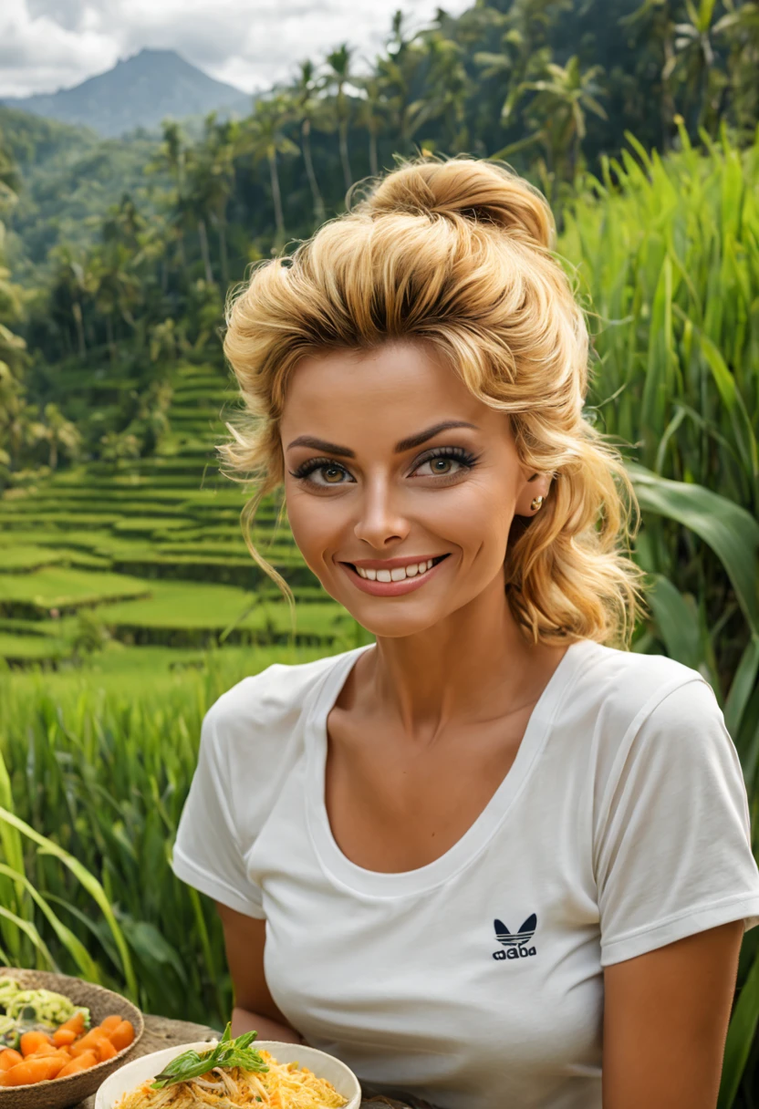 A Beautiful European woman [Sophia Loren:Maude Adams:0.35], (Golden Haired:1.25). Short ponytailed, gentle smile. Wears  white T-Shirt with text "I ❤ Bali", trousers, Adidas Sneakers. (At an exotic Bali terraced rice field:1.2). Having a lunch meal in a bamboo hut, Volcano and woods at background, insanely detailed and intricate background nature scene with some other characters and objects, a masterpiece cinematic photo realistic illustration of Color Comic Maestro Don Lawrence, super detailed, high resolution, full vibrant color, volumetric lighting, octane render