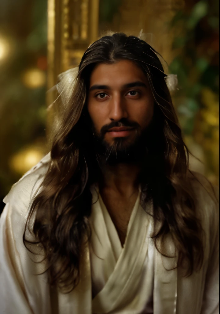 portrait of modern day Jesus, Arab looking, cinematic lighting, depth of field, bokeh, realism, photorealistic, hyperrealism, professional photography, UHD, DSLR, HDR, detailed eyes, detailed lips, serene expression, flowing hair, long beard, gentle smile, traditional robe, sacred halo, golden light, divine atmosphere, spiritual aura, peaceful background