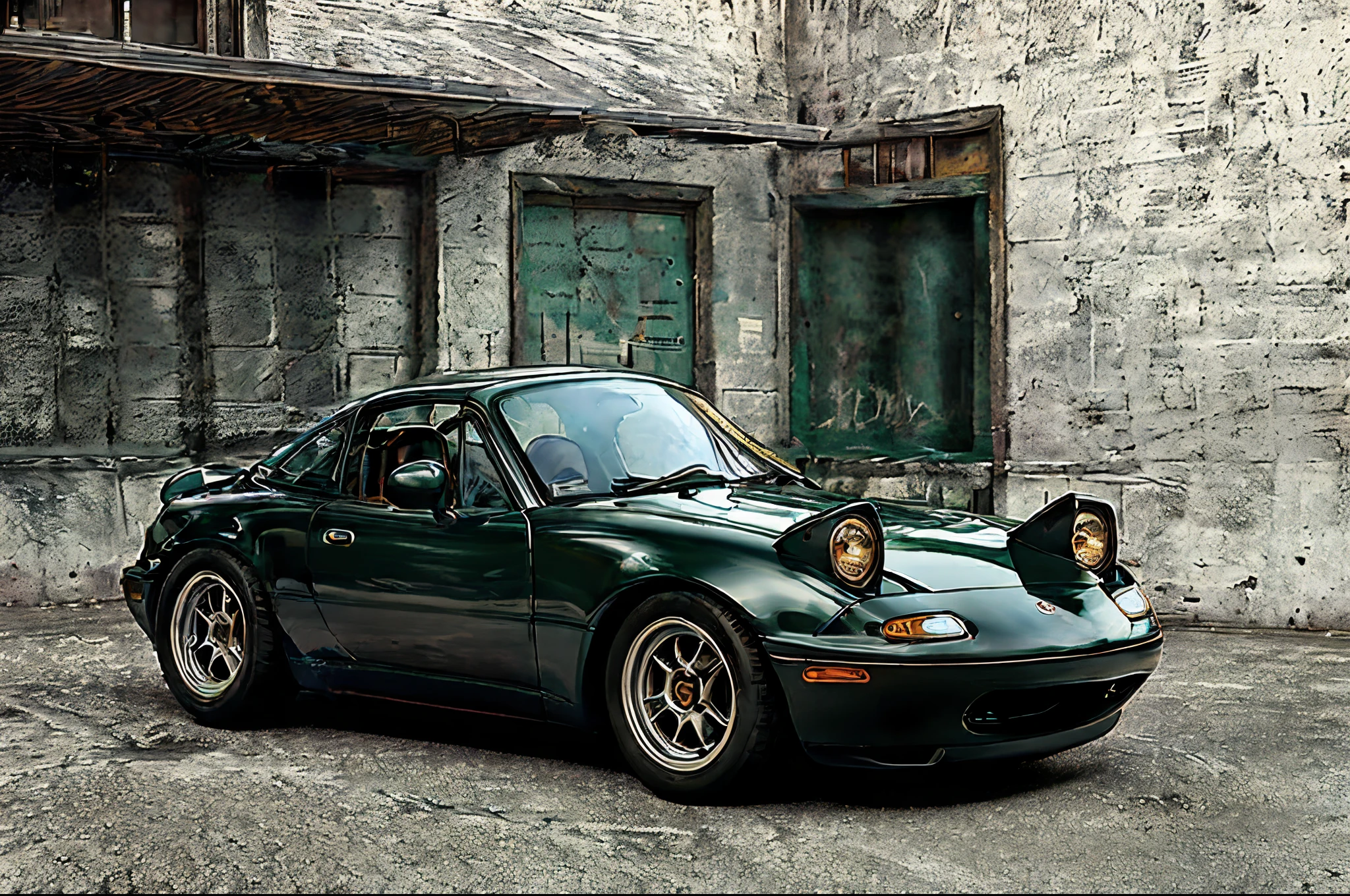 The Allafard dark green  Porsche 964 is parked in front of the garage, Highly detailed hyperreal retro, Porsche 964, Porsche 964,, Ultra-detailed 3D rendering, Ultra-detailed 3D rendering, Porsche 964, 3D Ultra-Realistic Rendering, veranda, hyper realistic rendering, hyper realistic 3 d render, hyper real render，Mender，tailed，Porsche 964，