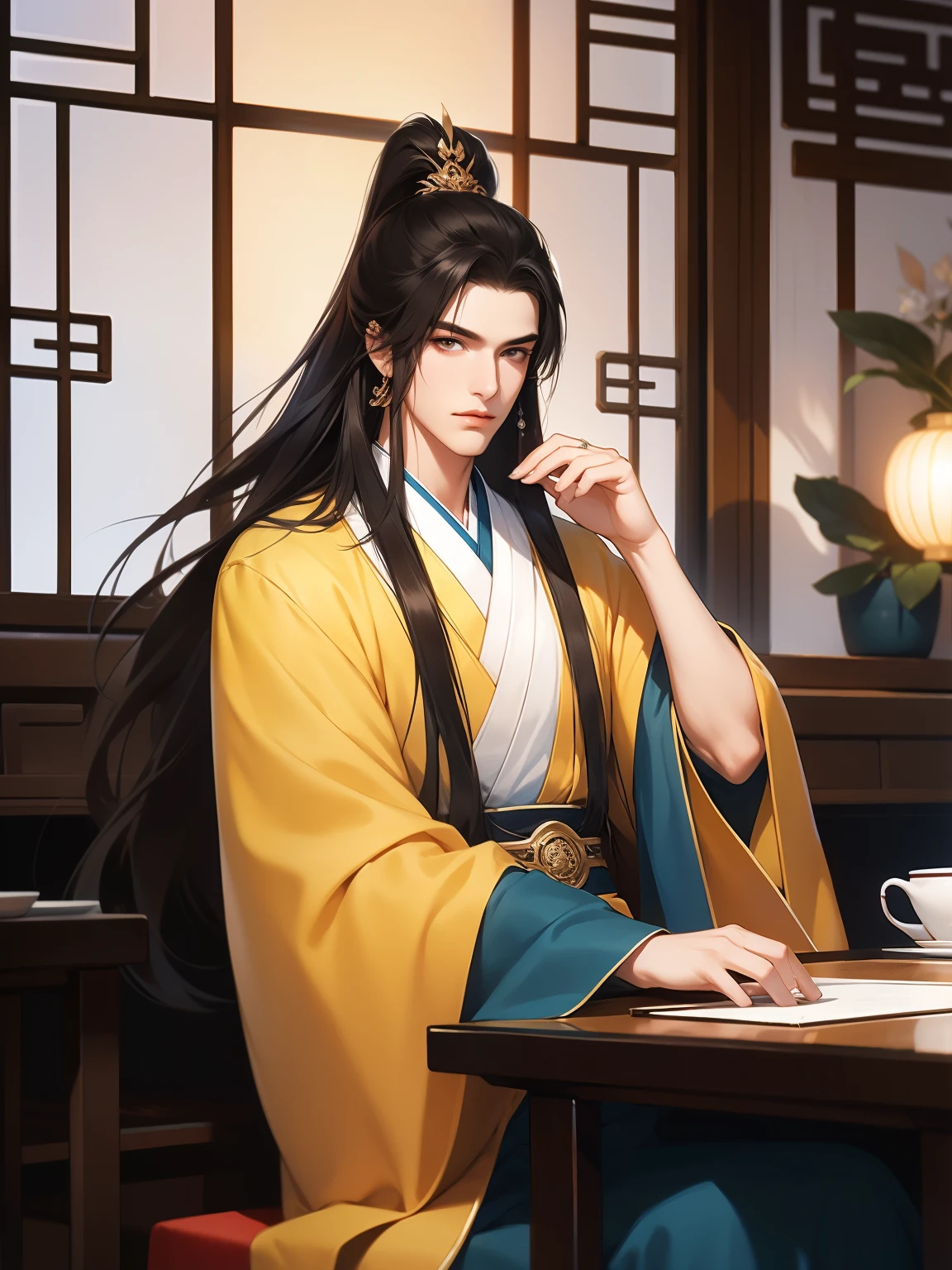 Best quality at best,tmasterpiece,16k,,Long-haired man drinking tea,Chinese teacup,(Huang Hanfu:1.5),asian architecture interior,Ancient Chinese court style,