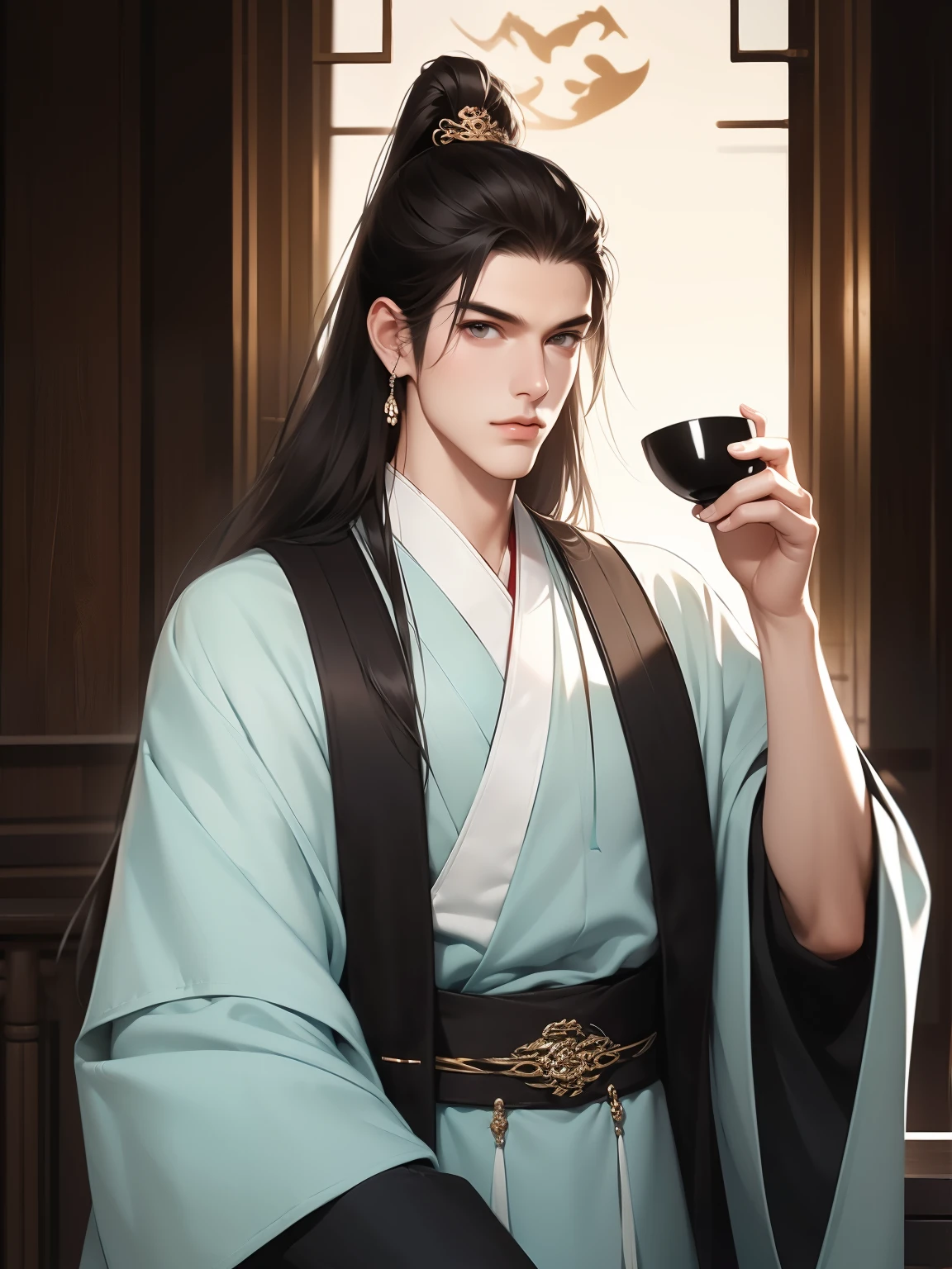 Best quality,tmasterpiece,16k,,Long haired man drinking tea,(Huang Hanfu:1.5),asian architecture interior,Ancient Chinese court style,