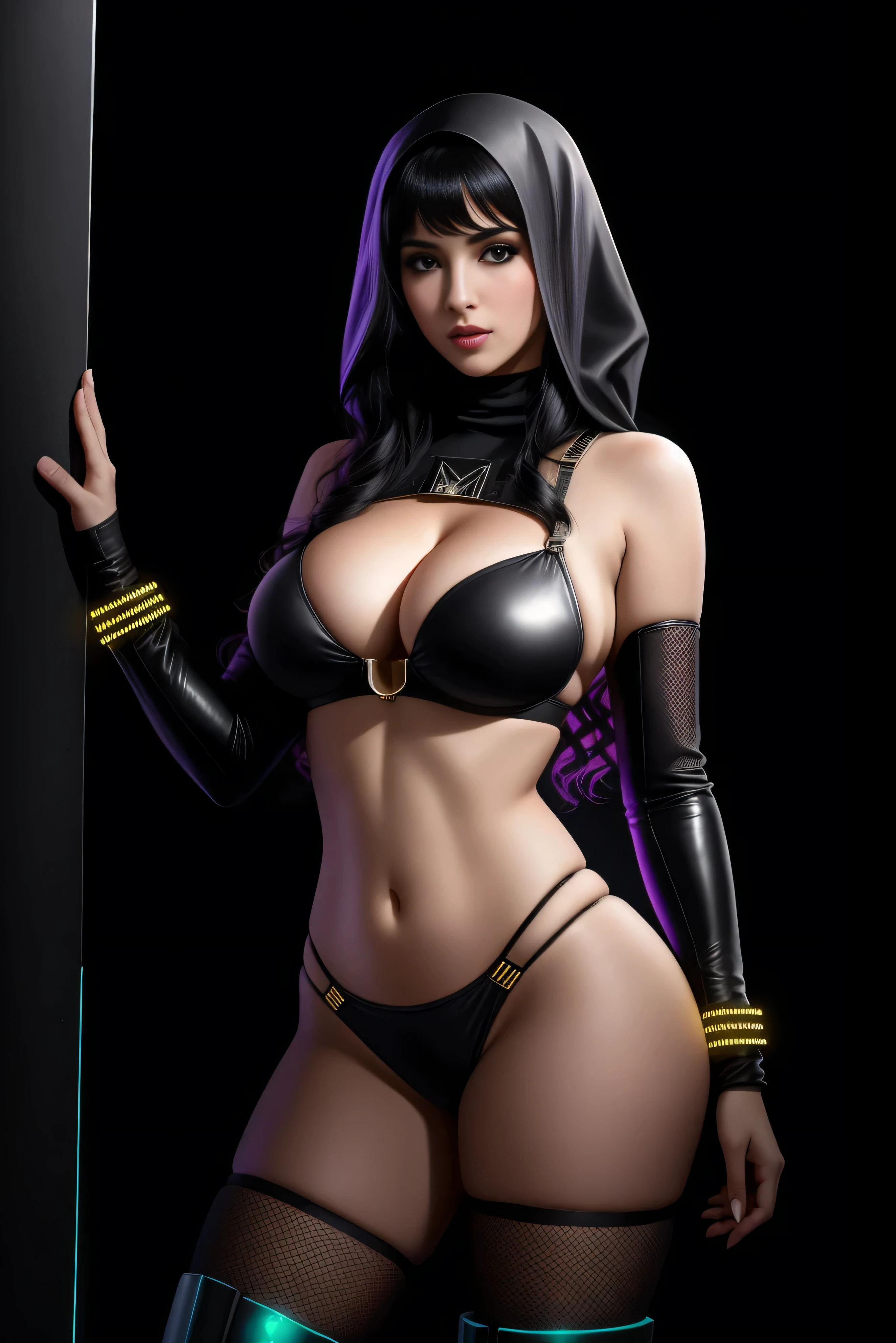 there is an Arabic Woman standing, covered hair, 3 d neon art of a womans body, neon-noir background, cyberpunk femme fatale, seductive cyberpunk dark fantasy, cyberpunk strip clubs, cyberpunk 20 y. o model girl, oppai cyberpunk, banner, high definition cgsociety, cgsociety masterpiece, trending on cgstation, kda, random hair, looking at camera, gigantic breasts, cleavage, (high detailed skin:1.2), 8k uhd, dslr, super lighting, high quality, film grain, high res, highly detailed, hyper realistic, beautiful face, beautiful body, beautiful eyes nose lips, alluring expression, very bold, upper boobs visible, full body photo, standing legs apart, pale translucent glowing skin, most beautiful face, cute, (well defined pubic hair:1.2)), (dark plain black background:1.4))