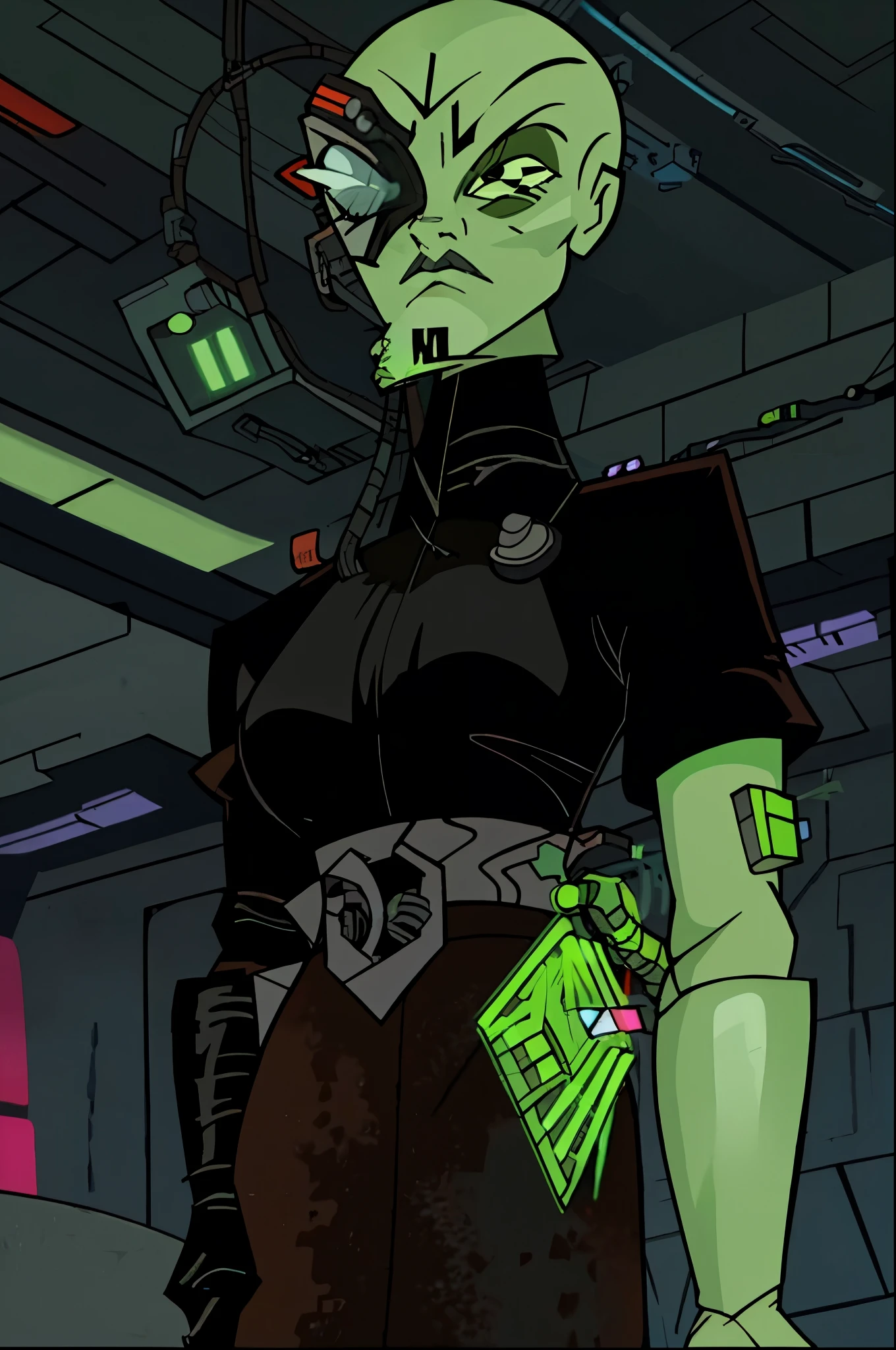 tcw2003 style borg cyborg bald gray skin veins metal armor cable eyepatch in a room with neon blidng green lights and alcoves beaming lights deadpan expression borg cube