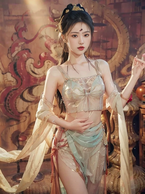 best quality,masterpiece,extremely Detailed details,high resolution,8k,intricate details,realistic,photorealistic,dramatic lighting, 1girl,dunhuang_clothes,dunhuang_dress,small breasts,partially hidden by the clothing,(see-through:1.3),Through a thin veil,glimpses of breasts are visible,creating an alluring and suggestive effect,reveals glimpses of her skin and the contours of her chest, cowboy shot,dancing,