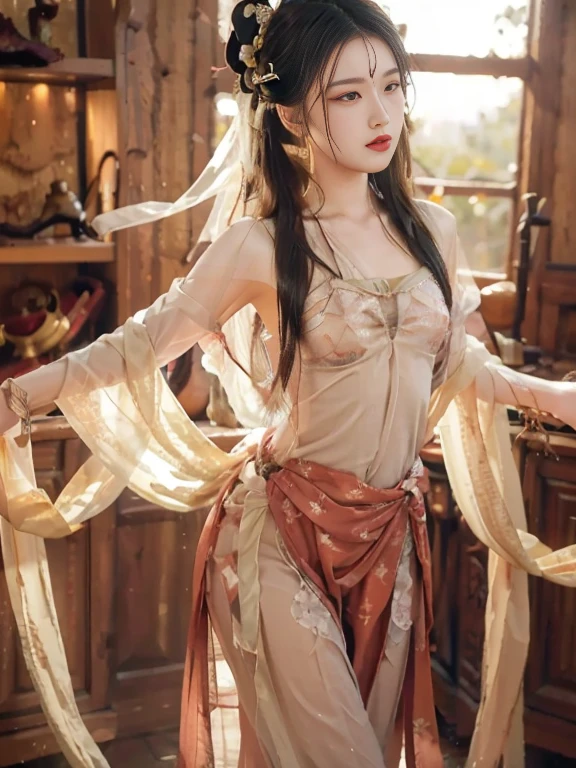 best quality,masterpiece,extremely Detailed details,high resolution,8k,intricate details,realistic,photorealistic,dramatic lighting, 1girl,dunhuang_clothes,dunhuang_dress,small breasts,partially hidden by the clothing,(see-through:1.3),Through a thin veil,glimpses of breasts are visible,creating an alluring and suggestive effect,reveals glimpses of her skin and the contours of her chest, cowboy shot,dancing,