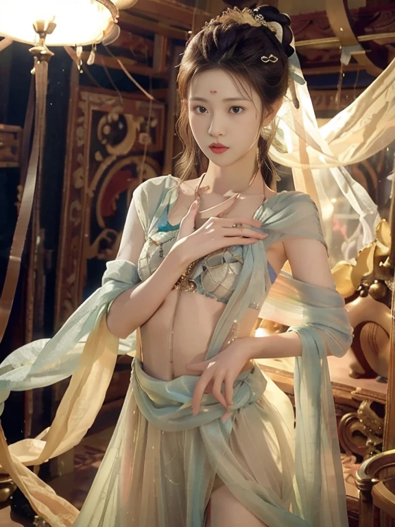 best quality,masterpiece,extremely Detailed details,high resolution,8k,intricate details,realistic,photorealistic,dramatic lighting, 1girl,dunhuang_clothes,dunhuang_dress,small breasts,partially hidden by the clothing,(see-through:1.3),Through a thin veil,glimpses of breasts are visible,creating an alluring and suggestive effect,reveals glimpses of her skin and the contours of her chest, cowboy shot,dancing,