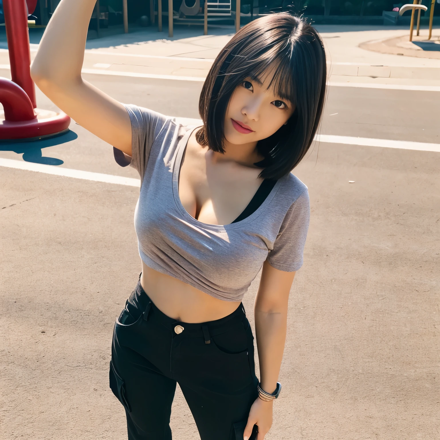 Professional, Angle camera shooting from above, realistic, High level of detail, Full body photo of 18 years old woman, korean, random Tight cargo pants, (random trend crop top t-shirt:1.3_MUST), (glossy black hair in blunt bob:1.3), full body, standing with a forward bend posing for a photo, look at audience, both of hand and finger behind her head:1.3(MUST) on a playground, photogenic pose, (random standing pose: 1.3) ,Natural light, (Attractive young woman:1.3), (seductive:1.1), (blush:1.1), round and big breasts, cleavage, bacgkround at afternoon playground in south jakarta buildings