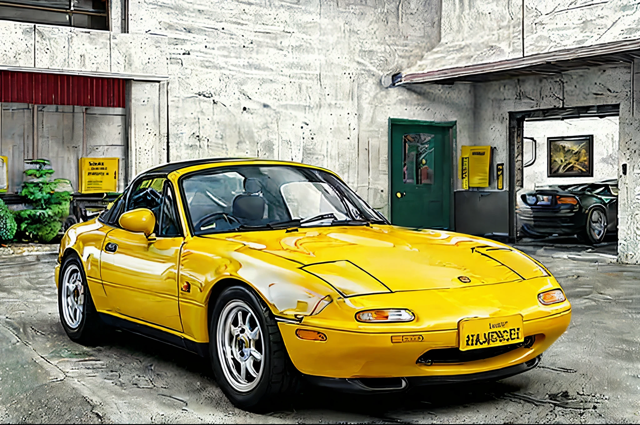 The Allafard yellow Porsche 964 is parked in front of the garage, Highly detailed hyperreal retro, Porsche 964, Porsche 964,, Ultra-detailed 3D rendering, Ultra-detailed 3D rendering, Porsche 964, 3D Ultra-Realistic Rendering, veranda, hyper realistic rendering, hyper realistic 3 d render, hyper real render，Mender，tailed，Porsche 964，